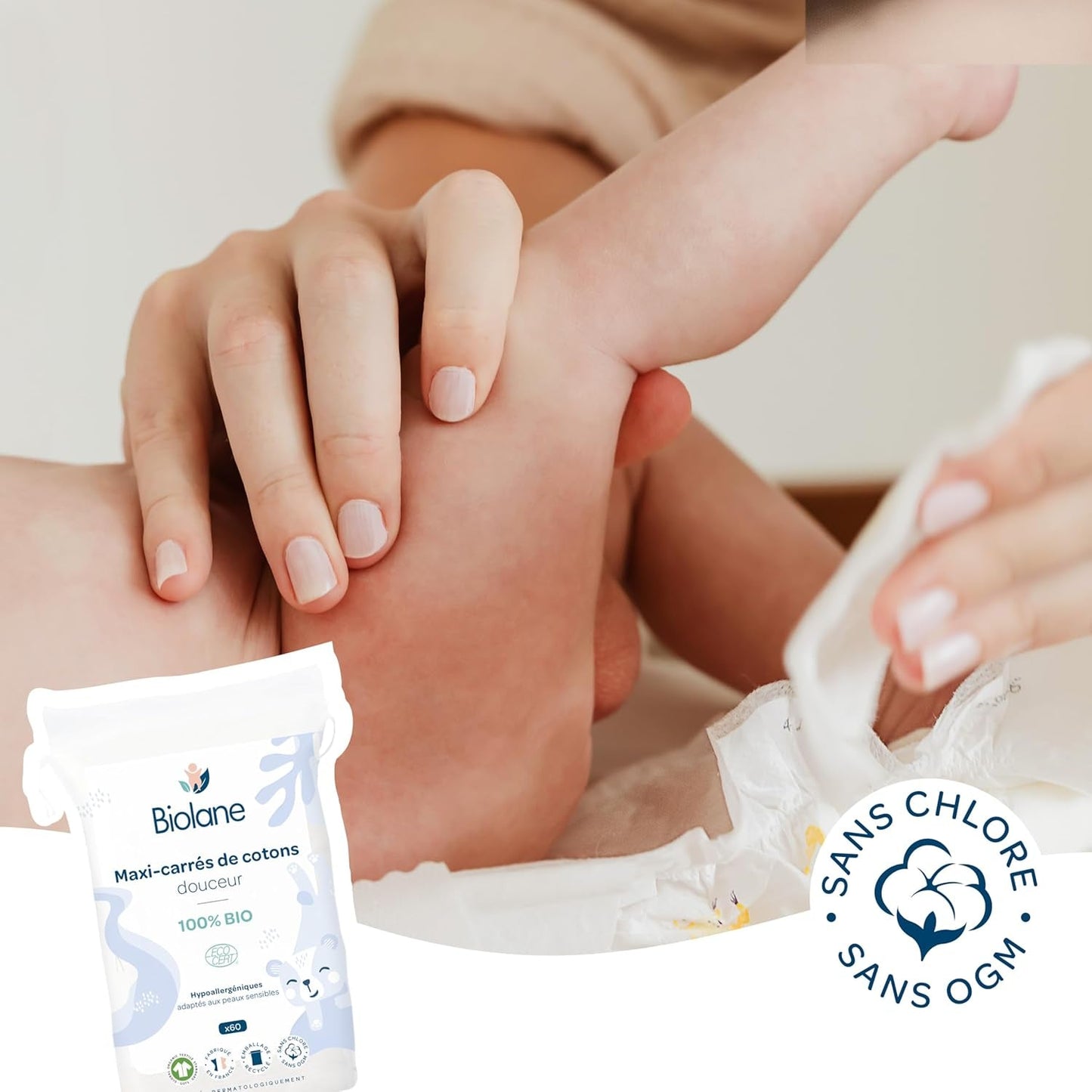 BIOLANE 12 Maxi Squares Wet Pads - Baby's - 100% Biologisch - 720 Katoen - voor de gevoelige huid - Verschoon- en Toiletartikelen - vanaf de geboorte - gemaakt in Frankrijk