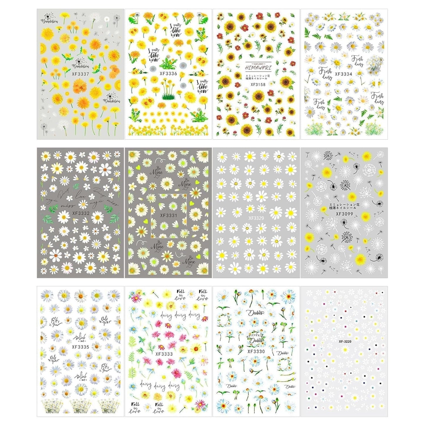 12 vellen nagelsticker met 3D-effect UV-uitharding langdurige bloem nagelstickers gele witte margriet nagelkunststickers