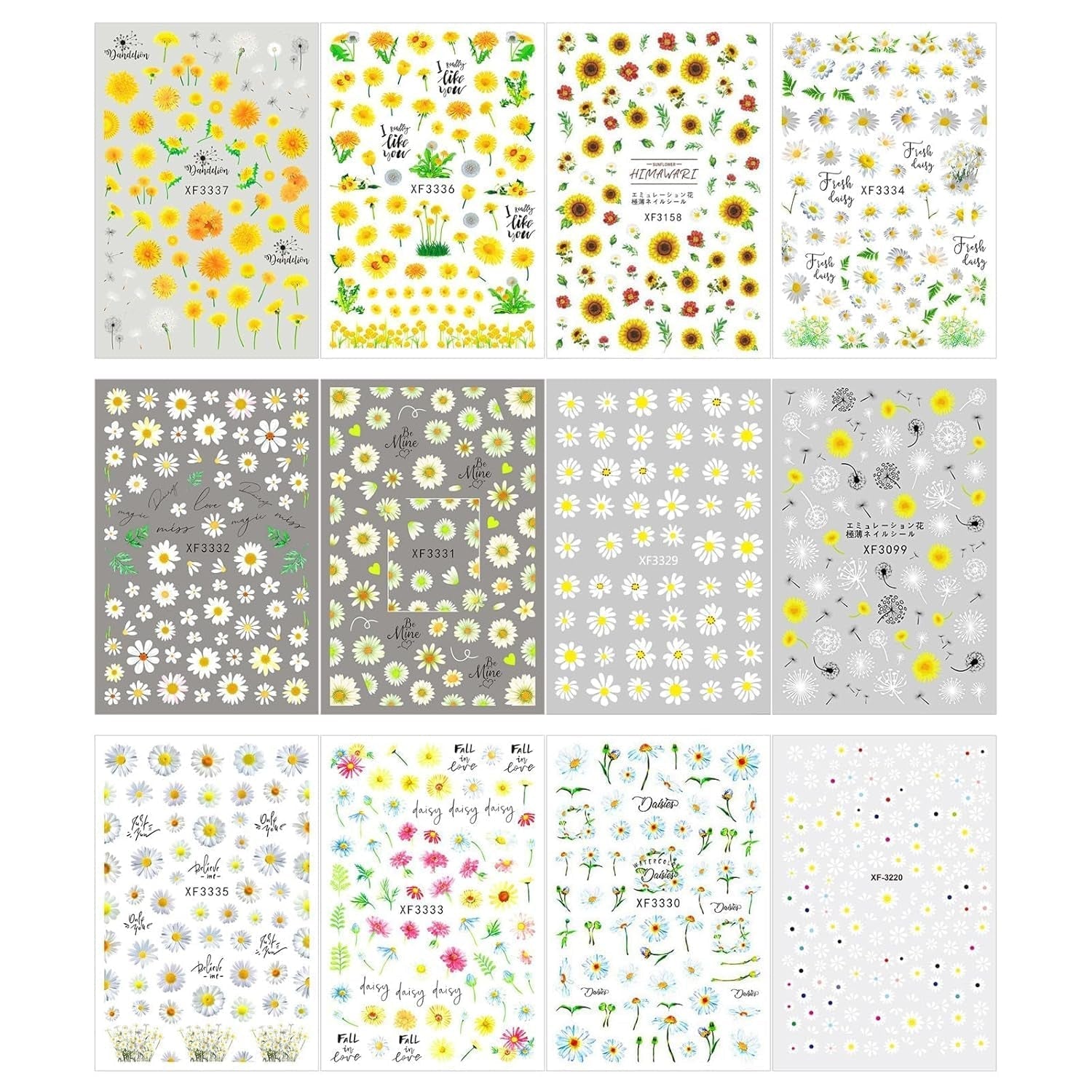 12 vellen nagelsticker met 3D-effect UV-uitharding langdurige bloem nagelstickers gele witte margriet nagelkunststickers