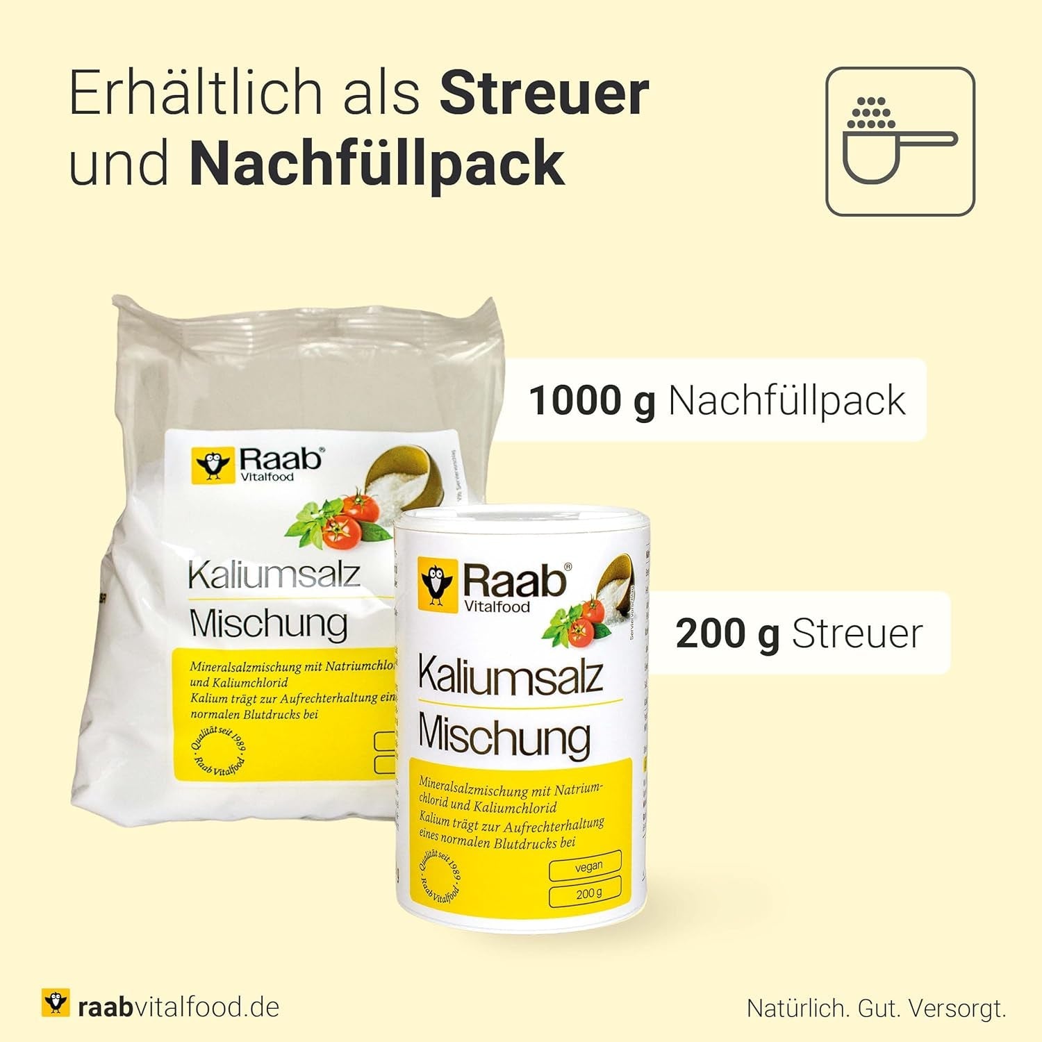Raab Vitalfood Kaliumzout-Mischung, Mineralsalzmischung mit 66,7% Natriumchlorid (Kochsalz) en 33% Kaliumchlorid, Kalium trägt zur Aufrechterhaltung eines normalen Blutdruck bei (1 x 200 g dosis)