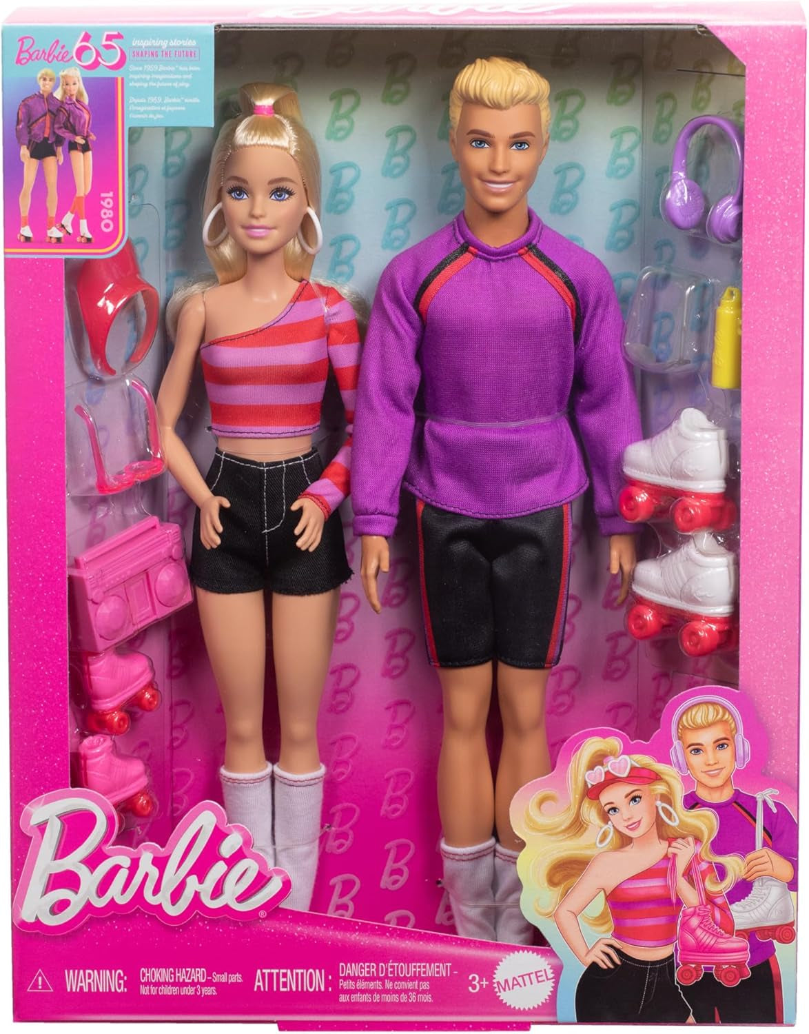 Barbie Fashionistas-set met 2 modepoppen en 6 accessoires, Barbie en Ken rolschaatsmodepoppen, verzamelfiguren ter gelegenheid van het 65-jarig jubileum, HXK90
