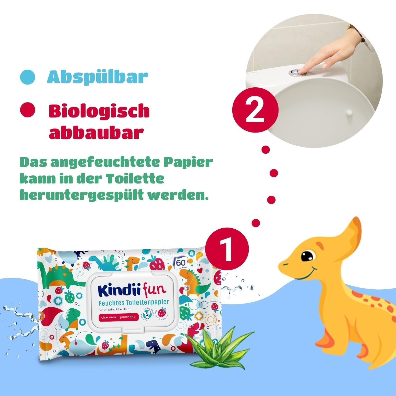 Kindii Fun Nat Toiletpapier - (10X60 stuks) Nat Toiletpapier - Kamille, Aloë Vera, Ph-neutraal, Watervast, Verfrist de intieme zone - 600 stuks
