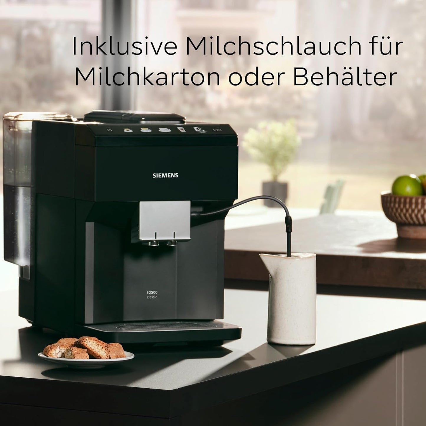 Siemens EQ500 klassieke automatische espressomachine, TFT-kleurenscherm, 5 soorten koffie en melk, dubbele kopfunctie, eenvoudige reiniging, afneembare zetunit, met melkslang, zwart, TP511E19