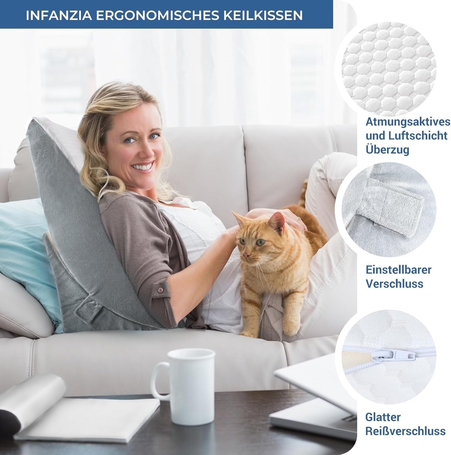 Verstelbaar wigkussen, leeskussen van schuim met hoge dichtheid met nekrol voor bed en bank, ergonomische bedwig voor slaaprefluxapneu, beenkussen, rugkussen voor lezen, gamen of tv kijken