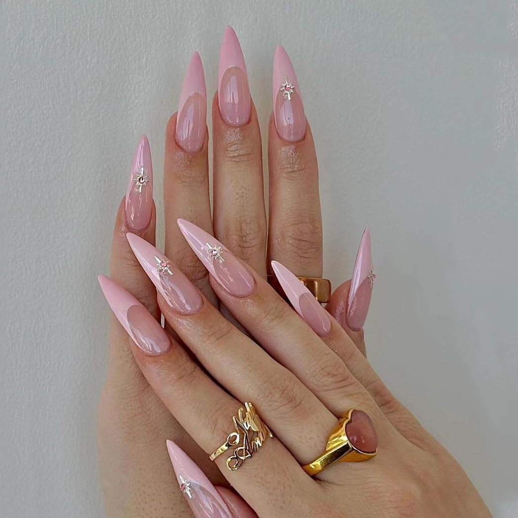 Mouyuglow Lange nagels Stiletto Melkwit Gradiënt Roze Glitter Cool Nepnagels met lijm Roze Ombre Glitter Kunstnagels