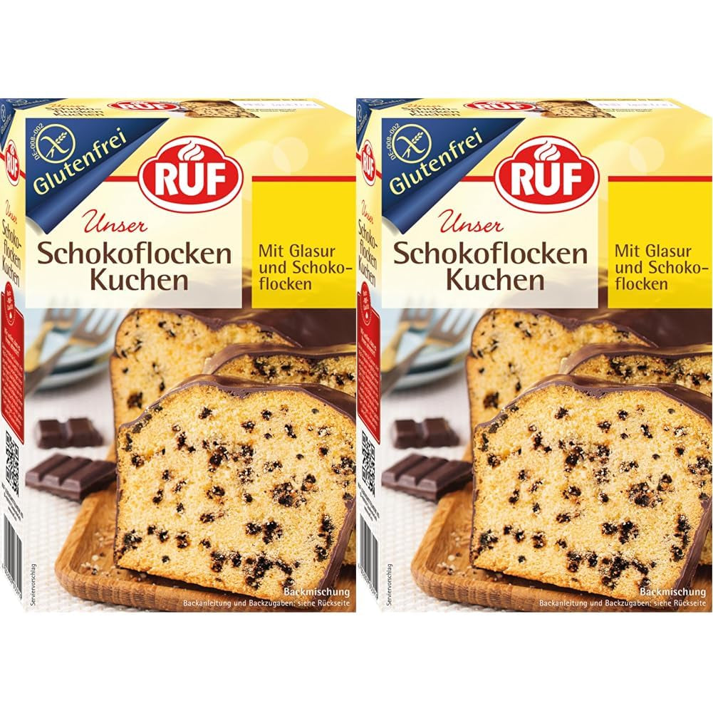 RUF Glutenvrije Schokoflocken-Kuchen Mit Kakaoglasur en Schoko-Stückchen, Fluffig en Schokoladig, Glutenvrije Kuchen, Zöliakie Geeignet (Packung Mit 2) Naty Shop 455 G (2Er Pack) Schokoflockenkuchen