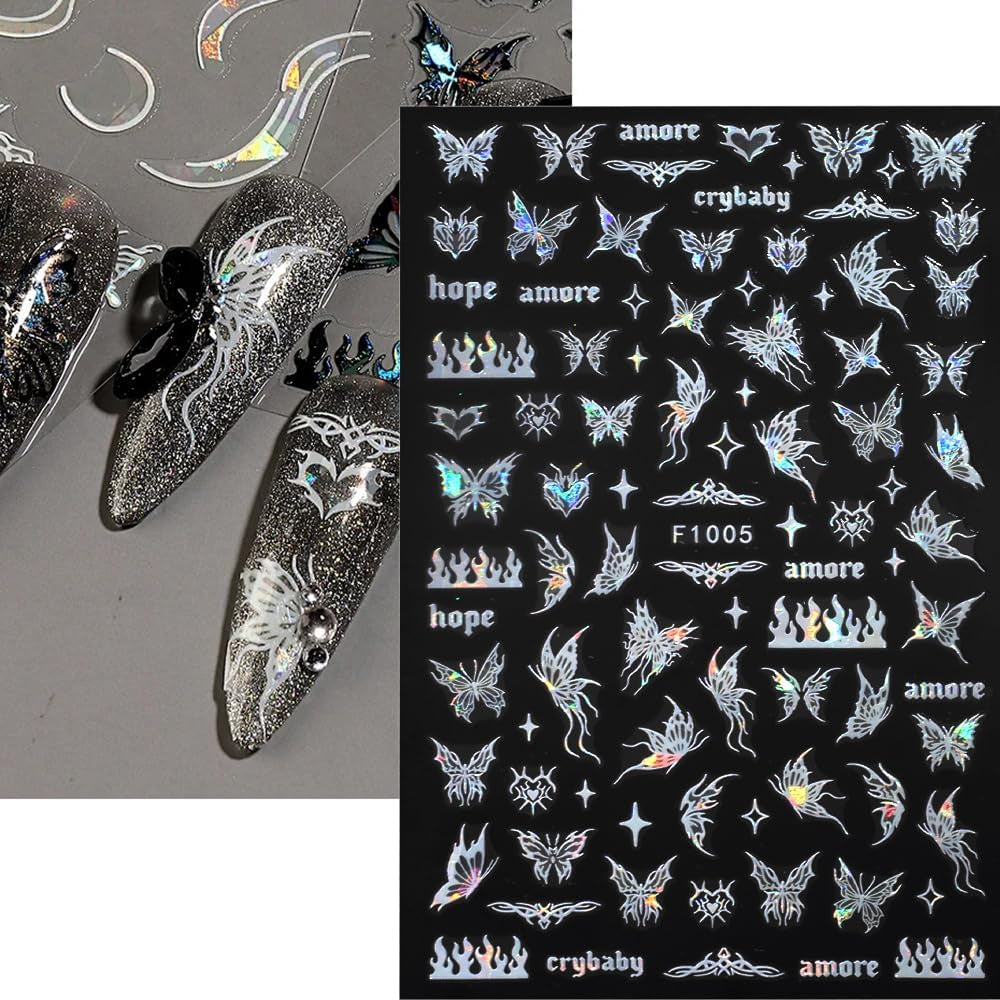 4 Blätter Holographisch Laser Wit Schmetterling Nagelsticker,Y2K Aurora Schmetterlinge Stern Nail Sticker 3D Flamme Herz Nageldesign Nagelsticker Selbstklebend Nagel Sticker Nagel Zubehör Nail Art