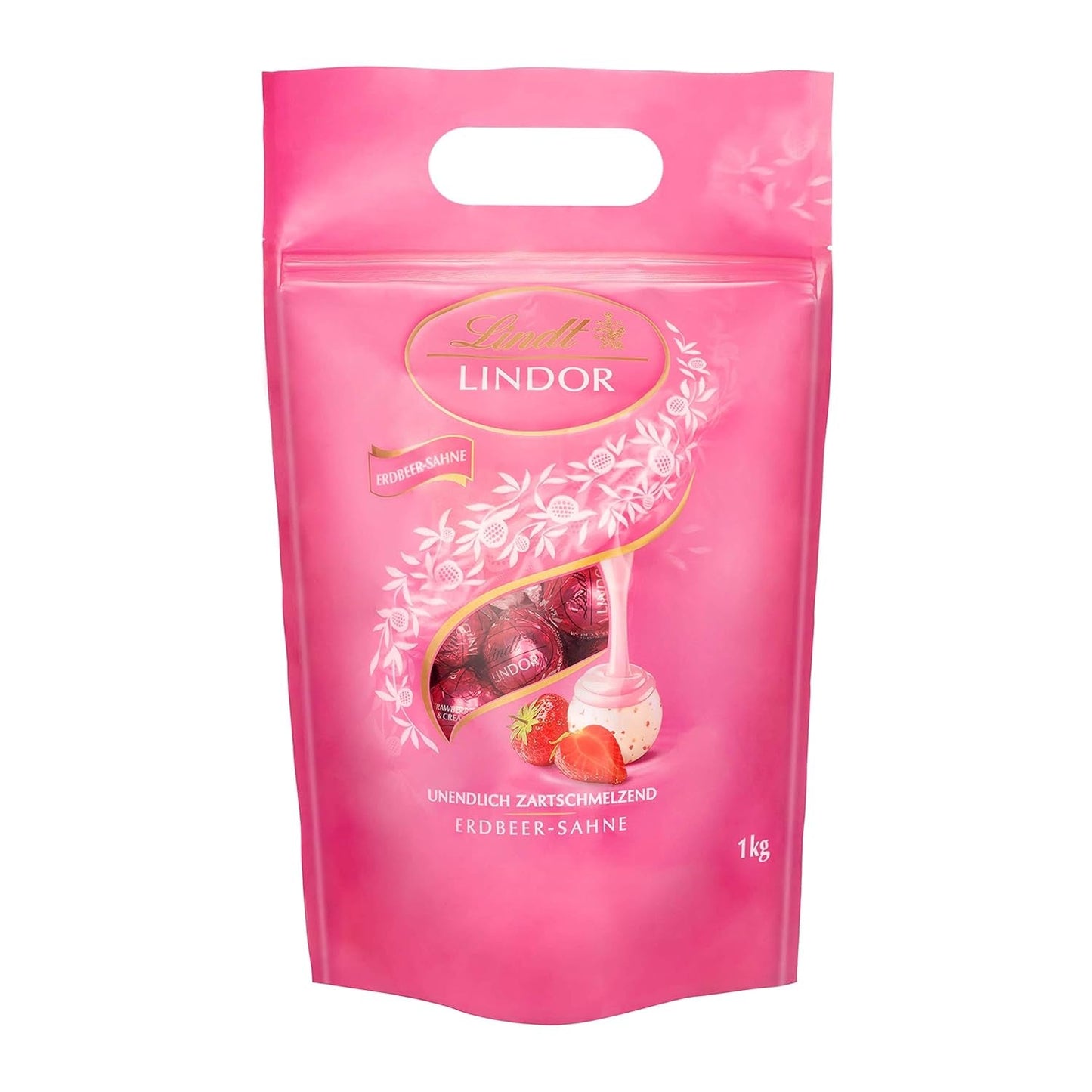 Lindt LINDOR Extra pure chocoladeballetjes en LINDOR Aardbeiencreme chocoladeballetjes | Hersluitbare zak van 1 kg | ca. 80 witte chocoladebolletjes met aardbeiencrème