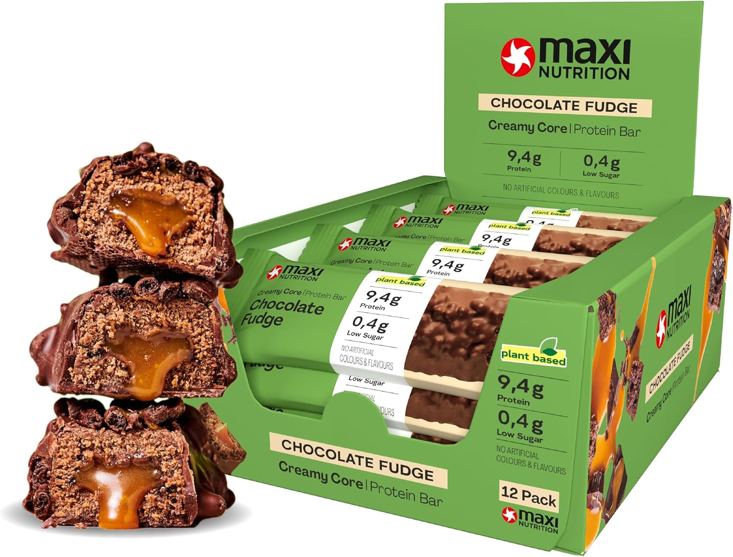 MaxiNutrition Romige veganistische eiwitreep met chocolade, pinda's en karamel 12x45g - veganistische eiwitreep, 18% eiwit, 8,3 g per reep, laag suikergehalte (0,9 g), geen toegevoegde suiker, geen kunstmatige smaakstoffen