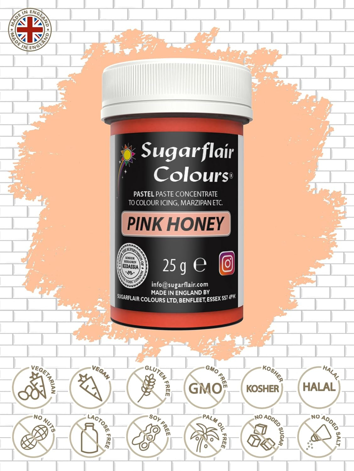 Sugarflair Pastel Pink Honey Food Coloring Paste - Sterk geconcentreerd voor gebruik met botercrème, suikerpasta, royal icing of cakemixen, levendige voedselkleuring - 25g