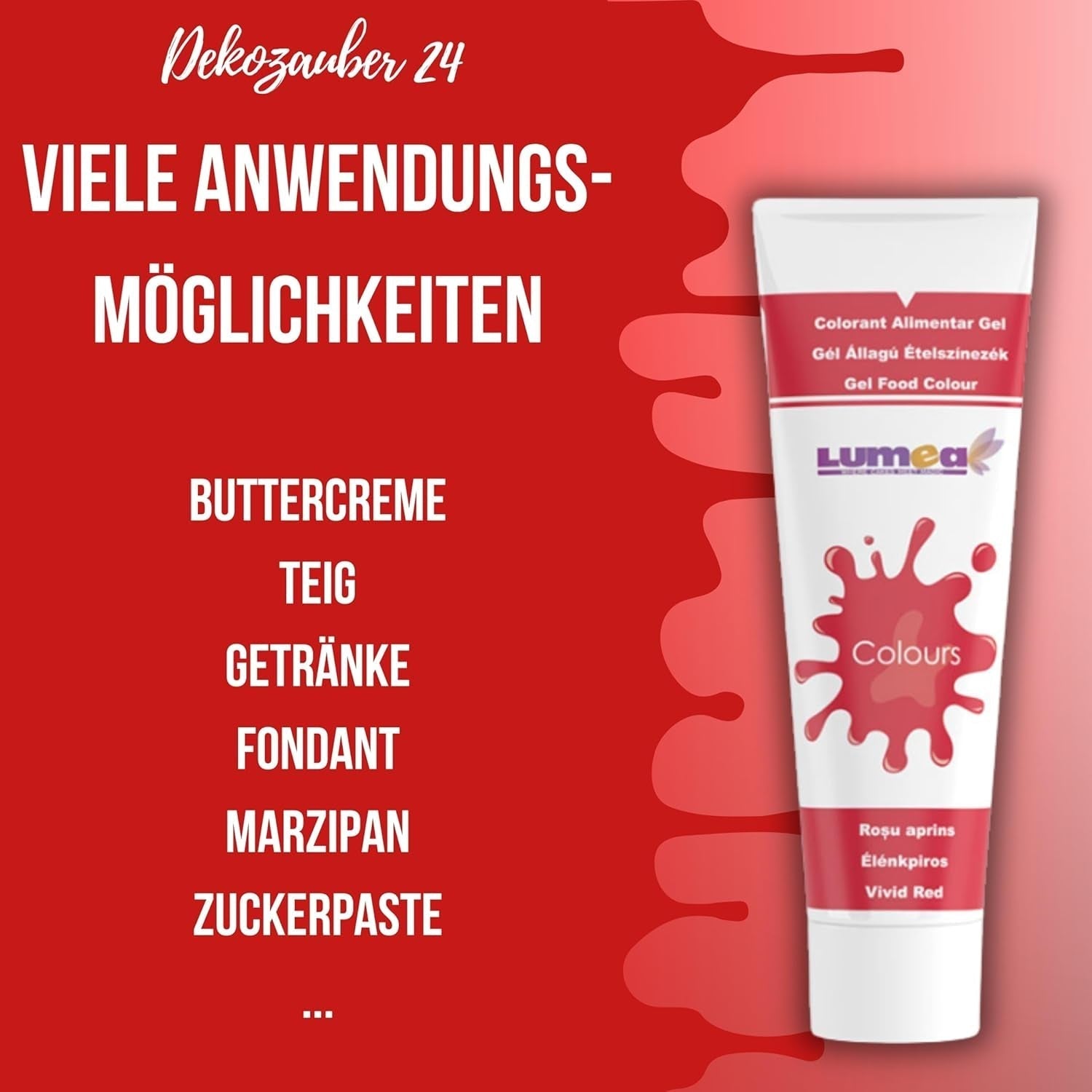 Dekozauber 24 rode kleurstof, gel, 30 g, veganistisch, suikervrij, hooggeconcentreerd, rode kleurstof voor fondant, botercrème, drankjes en meer