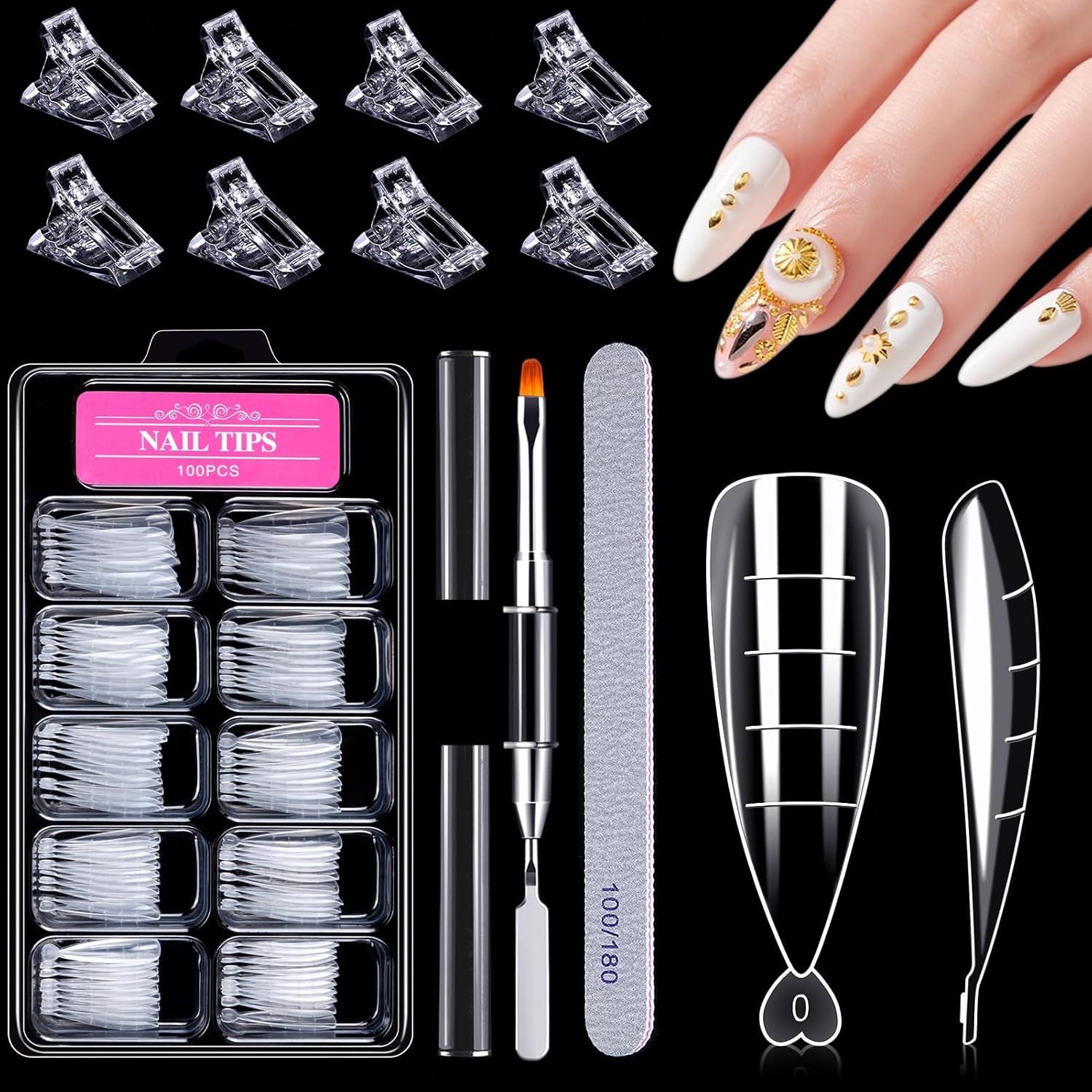 120-delige nagelvormenset, nagelverlengingen, gelnagelvormen, nagelvormset met dubbele kopborstel en nagelvijl met clips, voor gelnagels