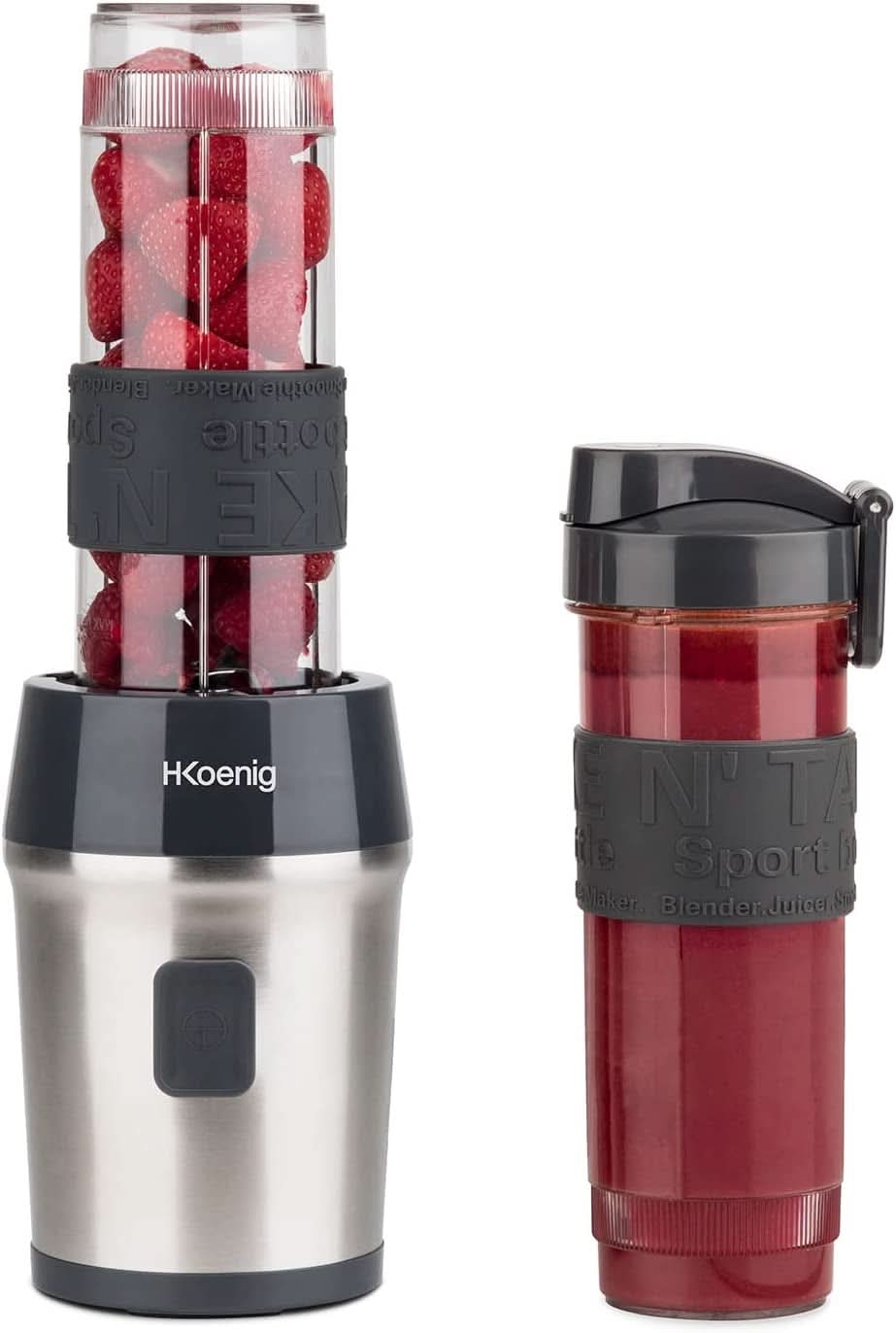 H.Koenig Smoothie Maker SMOO9 - Mini Standmixer - Mini Blender - 300 Watt - 570 Ml - Edelstahl - 2 Kunststofflesjes - Bpa-vrij, Grau Kitchen Naty Shop Grau