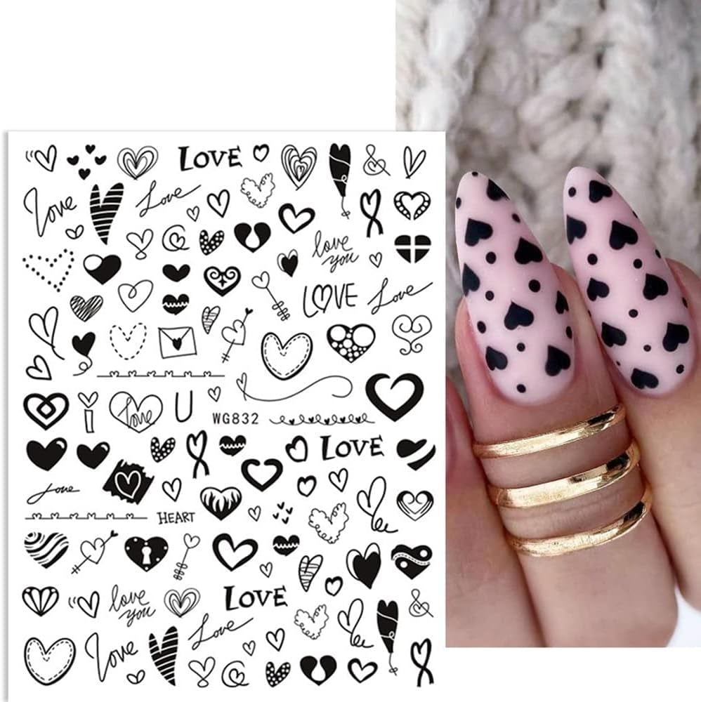 8 Blatt Nagelsticker Valentinstag Nagelaufkleber Selbstklebend Liebhaber Des Schwarzen Herzens Nail Art Sticker Decoratie Nageldesign Zubehör