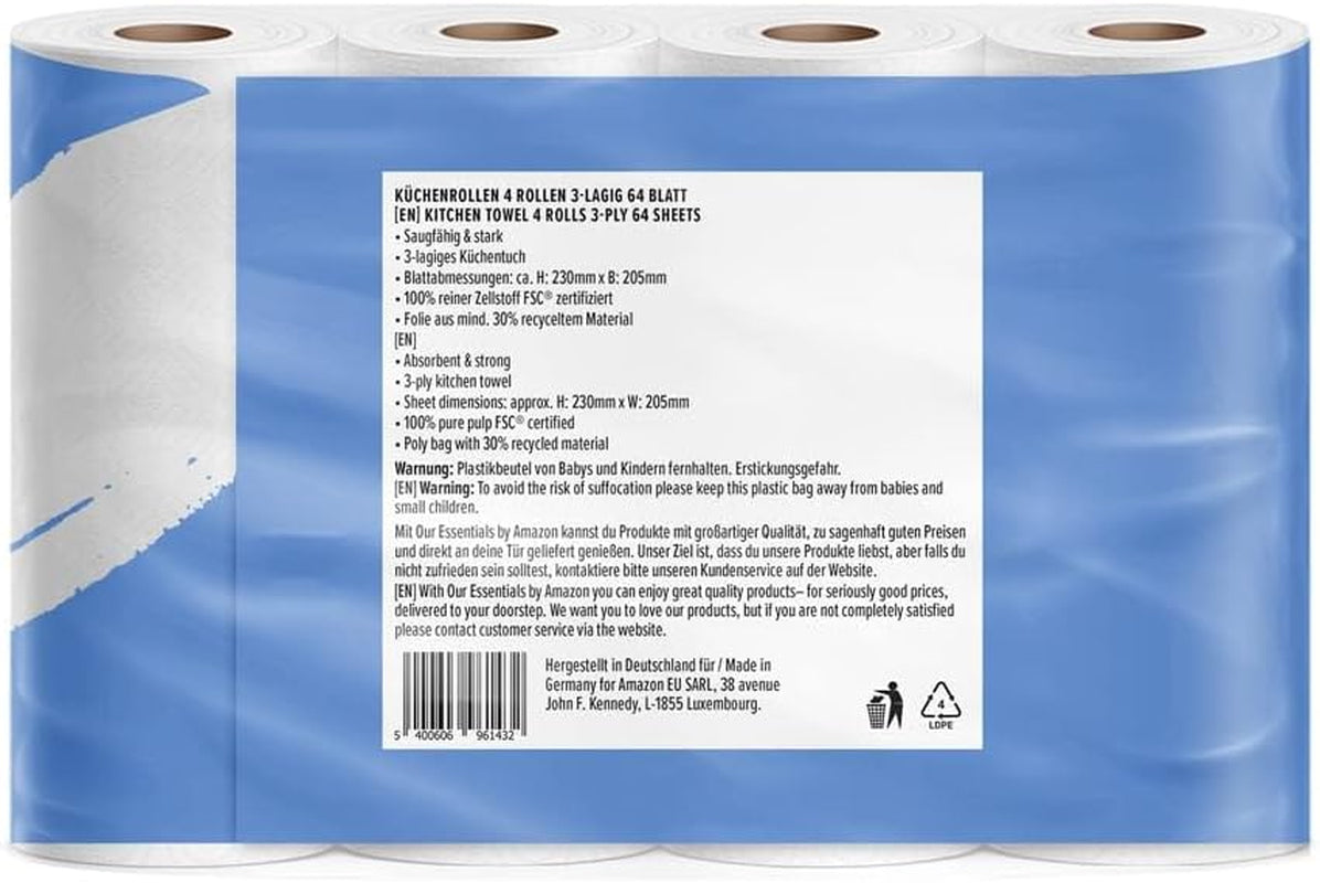 By Amazon Keukenrol, 3-laags, 16 rollen (4 rollen, 4 stuks), 64 vellen per rol, FSC-gecertificeerd
