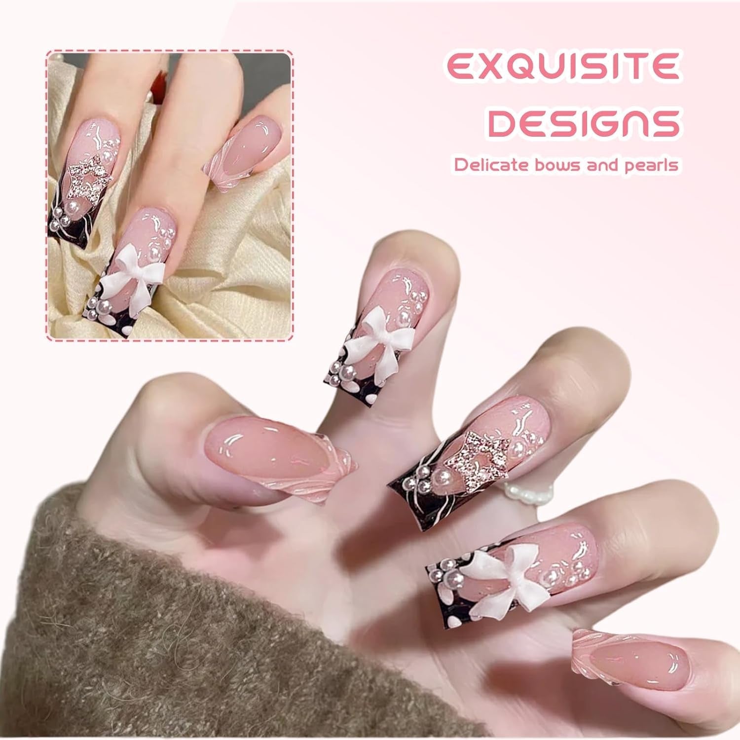 24 stuks middellange strass roze vierkante parel glitter 3D kunstnagels voor dames meisjes