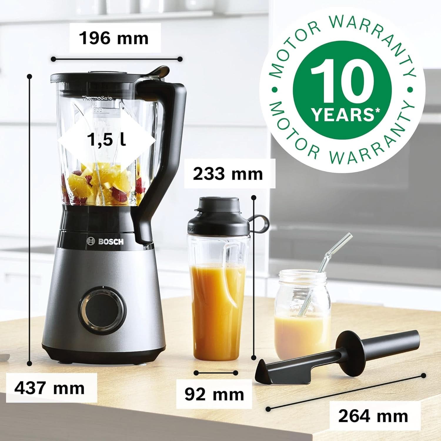 Bosch Standmixer Vitapower Serie 4 MMB6174SN, Verbesserte Versie, Hoge Edelstahl-Klingen, 1,5L Glasbehälter, 0,6L To-Go-Flasche, Spülmaschinenfeste Teile, 30.000 U/Min, 1200 W, Silver Kitchen Naty Shop