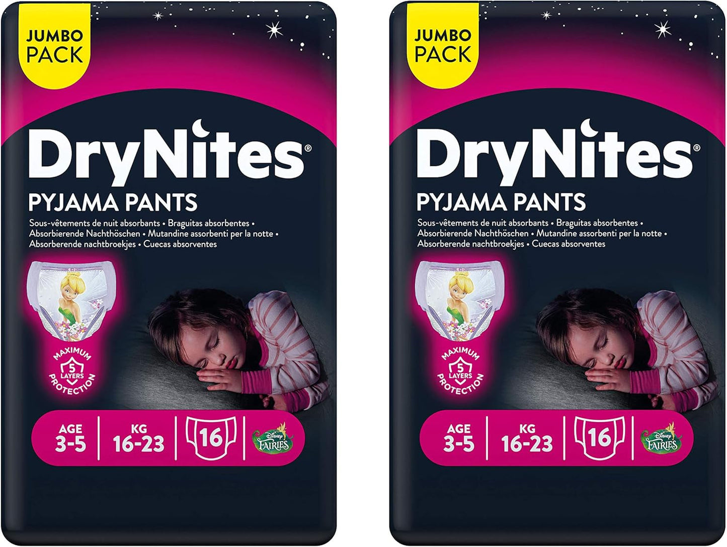 Huggies DryNites Nachtkleding voor meisjes, 3-5 jaar (16-23 kg), 2 x 16 stuks