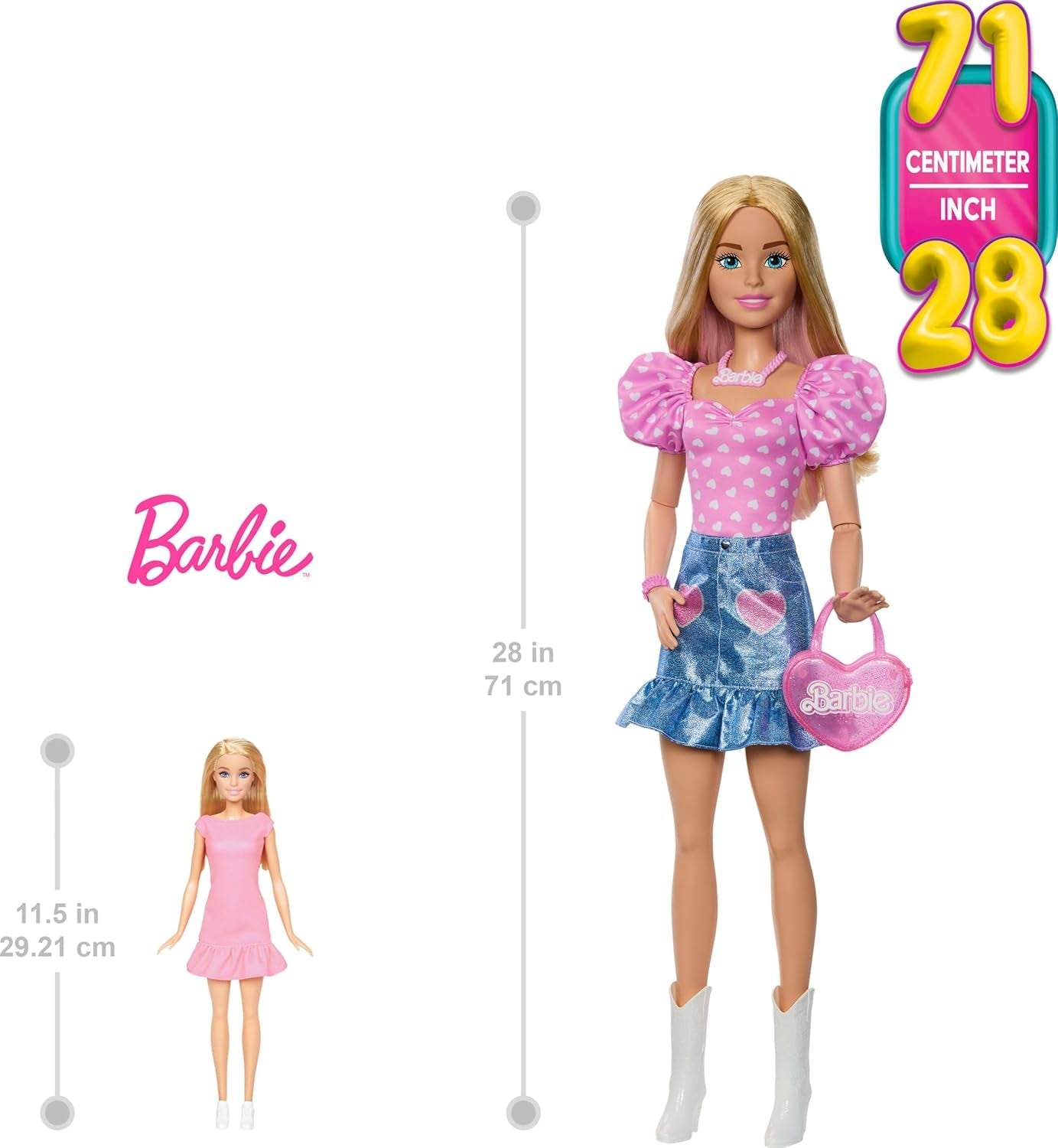Modieuze Barbie pop 71 cm blond met afneembare kleding roze top denim rok cowboylaarzen ketting en handtas HYT84