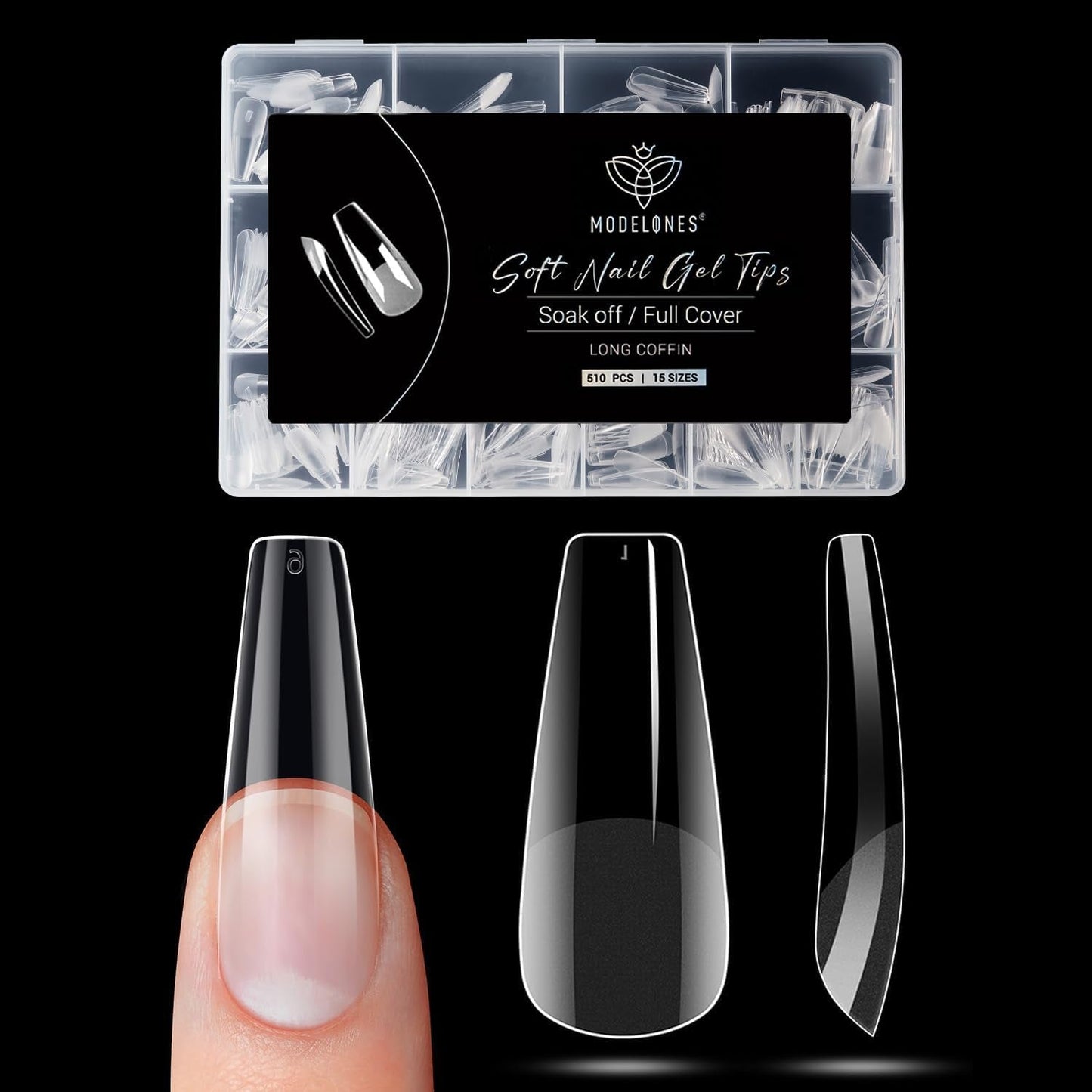 Modelones nageltips 510-delig - volledig dekkende nageltipsset, geltipsset, pre-polijst PMMA-hars nageltips, kunstnagels voor lijm op nail art DIY, korte Squoval