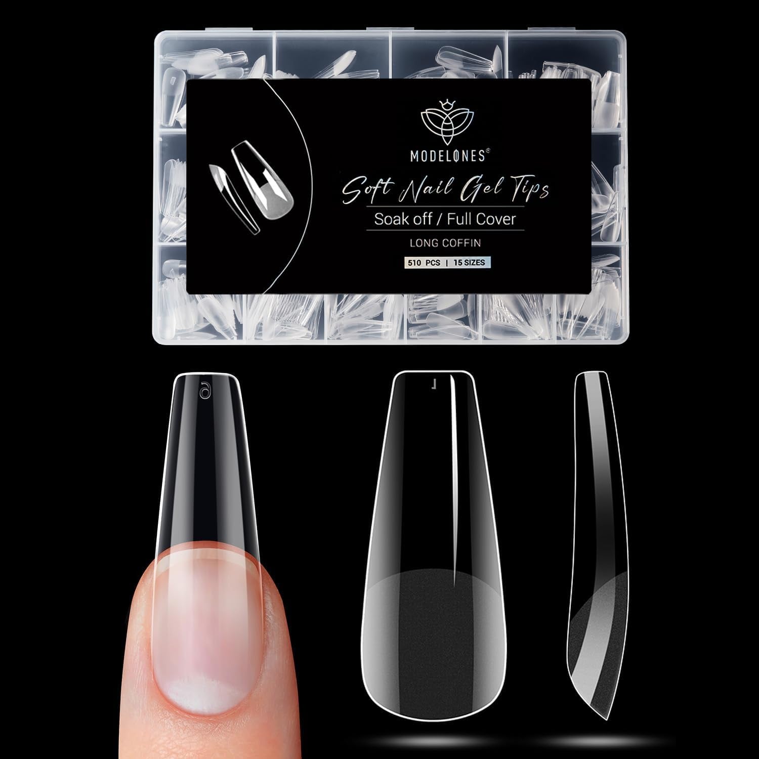 Modelones nageltips 510-delig - volledig dekkende nageltipsset, geltipsset, pre-polijst PMMA-hars nageltips, kunstnagels voor lijm op nail art DIY, korte Squoval
