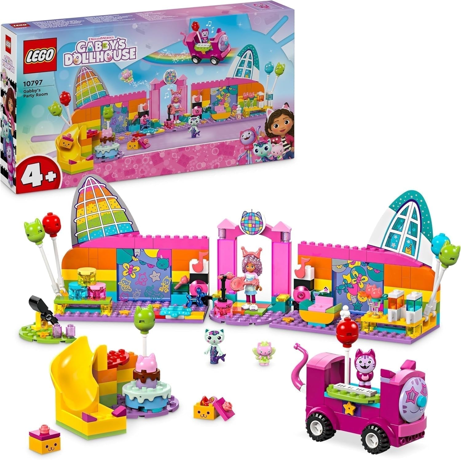 LEGO 4+ Gabby's poppenhuis Gabby's feestzaal, disco speelset met glijbaan en dierfiguren voor creatief rollenspel, cadeau voor meisjes en jongens vanaf 4 jaar 10797 Bouwsets Besuche den LEGO-Store Standaard titel