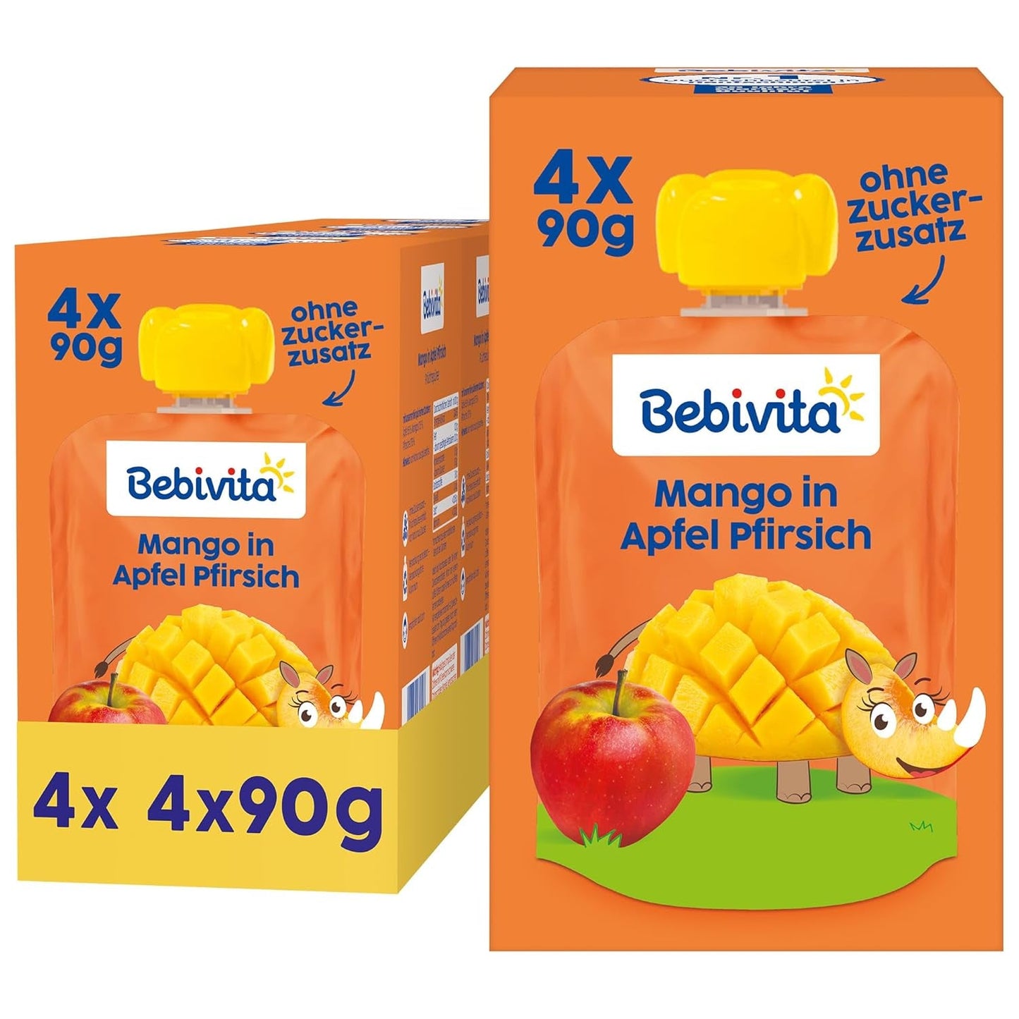 Mango Appel Perzik Knijpbare Zakjes - 16 Pack (4 Pack, 4 x 90g Elk), Geen Toegevoegde Suiker, Glutenvrij, Ideaal voor Verpakte Snacks en Onderweg