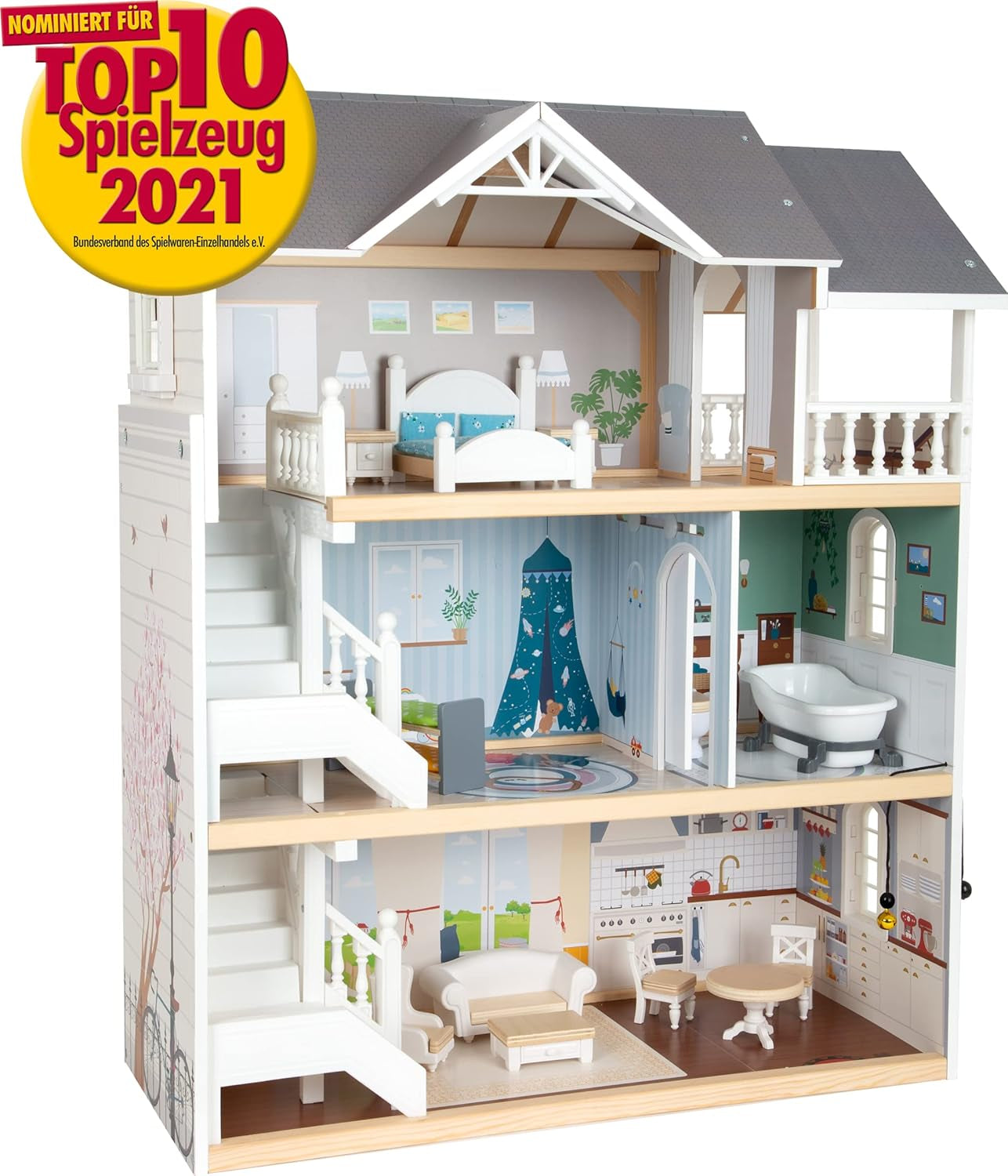 Small Foot poppenhuis van 3 verdiepingen met open voorkant van hout met 12 meubels voor 3 jaar en ouder 11802 Witgrijze poppenhuizen Naty Shop