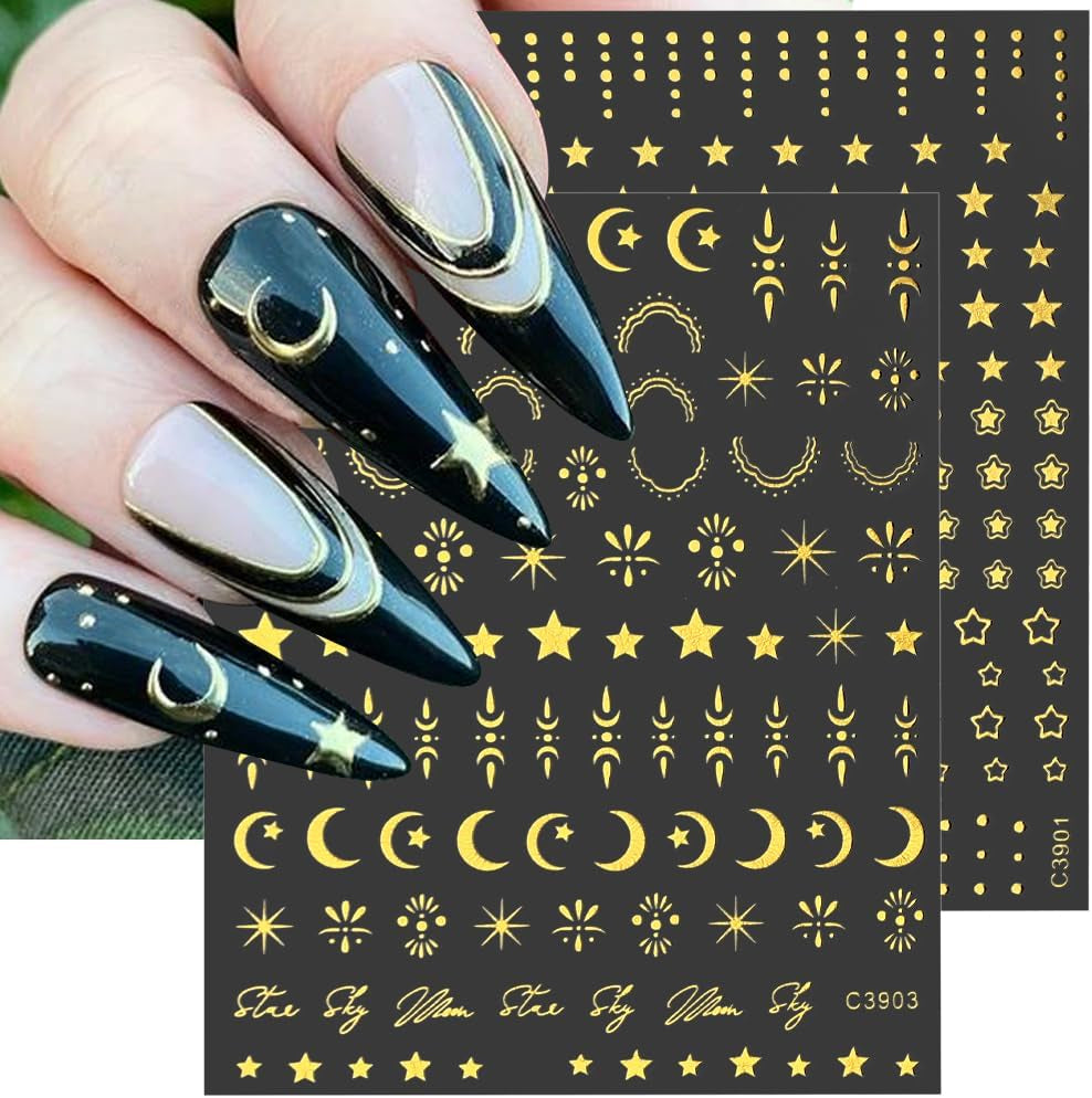 8 vellen gouden maan en sterren nagelkunststickers engelenvleugels bruin gouden nagelstickers sterren nagelfolie zelfklevende nagelstickers nagelontwerpaccessoires nagelstickers