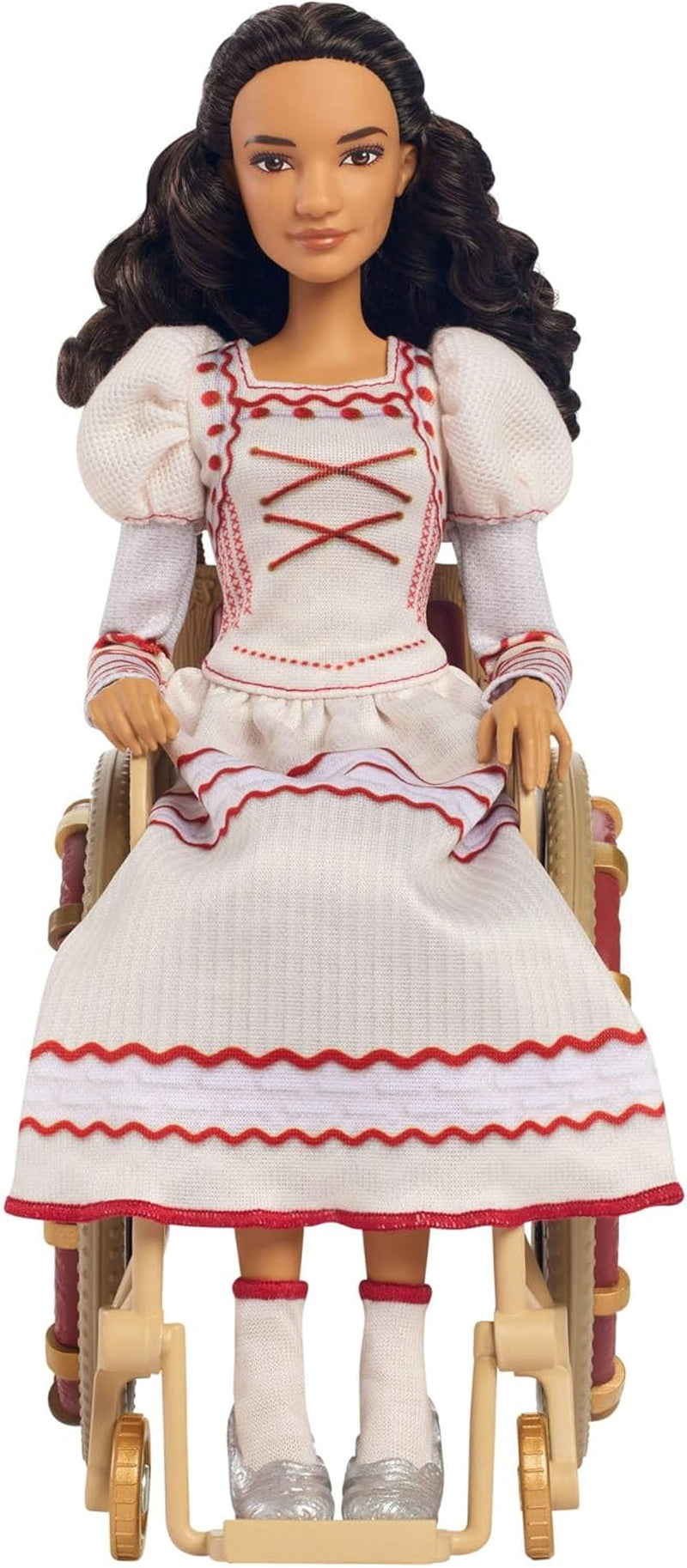Mattel Wicked Nessarose modepop en accessoires, waaronder rolstoel, met krullend bruin haar, verschillende poses en afneembare baljurk, HXY36