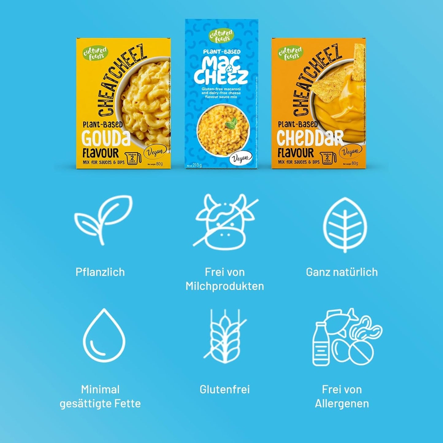 Gekweekte voedingsmiddelen Veganistische 3-delige set Veganistische Mac en Kaas, Goudse saus, Cheddarsaus, Laktosefrei Glutenfrei MAC & CHEEZ CHEATCHEEZ