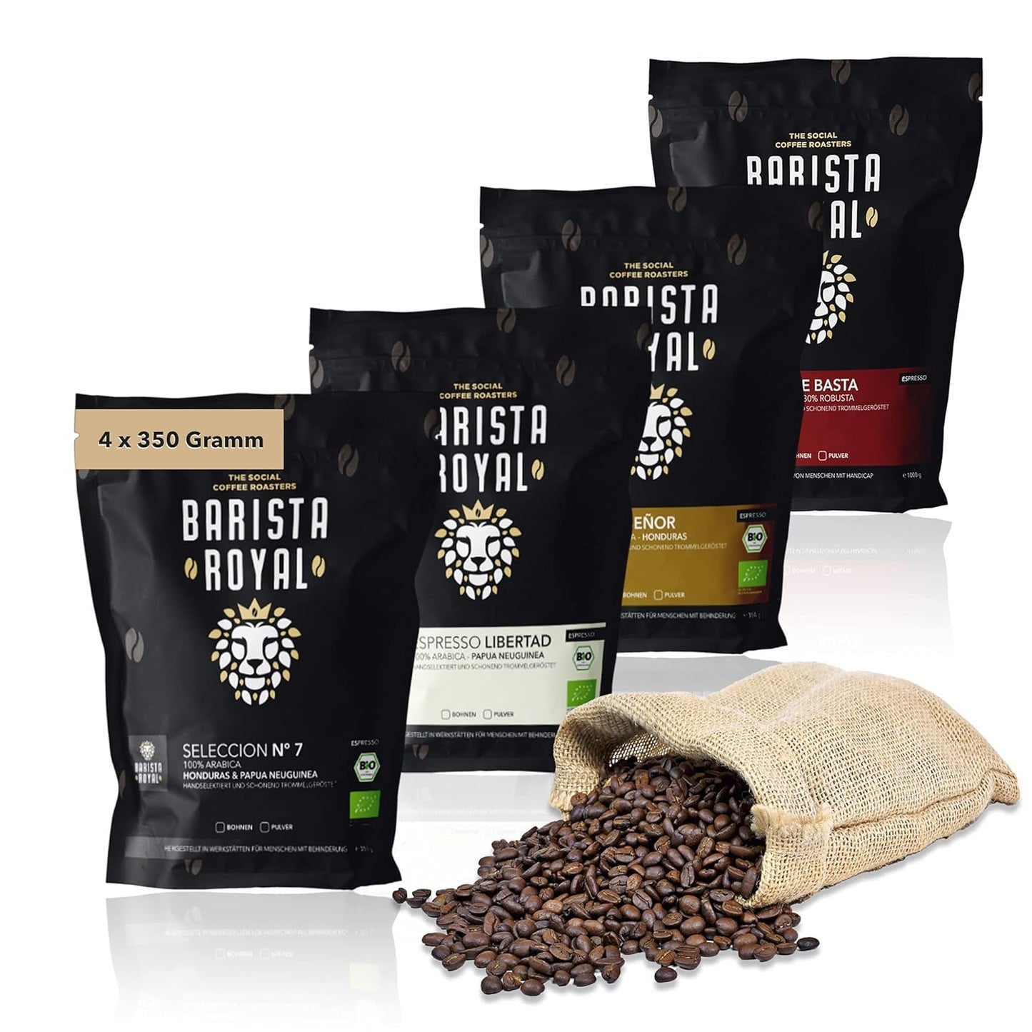 Proefset espressobonen 4 x 350g espressobonen | Discovery-pakket/voorbeeldpakket | Robusta en Arabica | Ideaal voor volautomatische apparaten en portafilter | KONINKLIJKE BARISTA