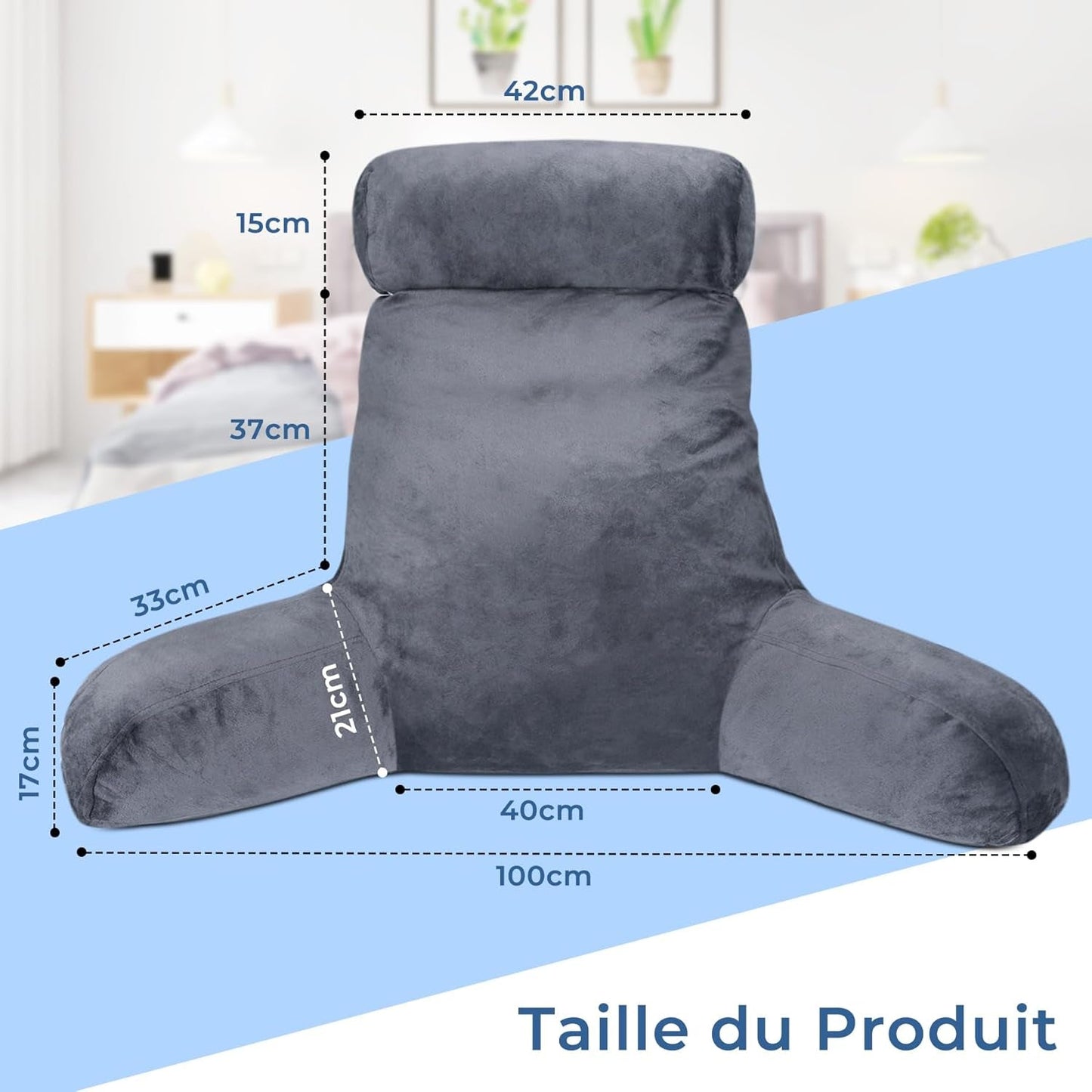 INFANTIA ergonomisch leeskussen met armleuningen, rugsteun, groot, grijs