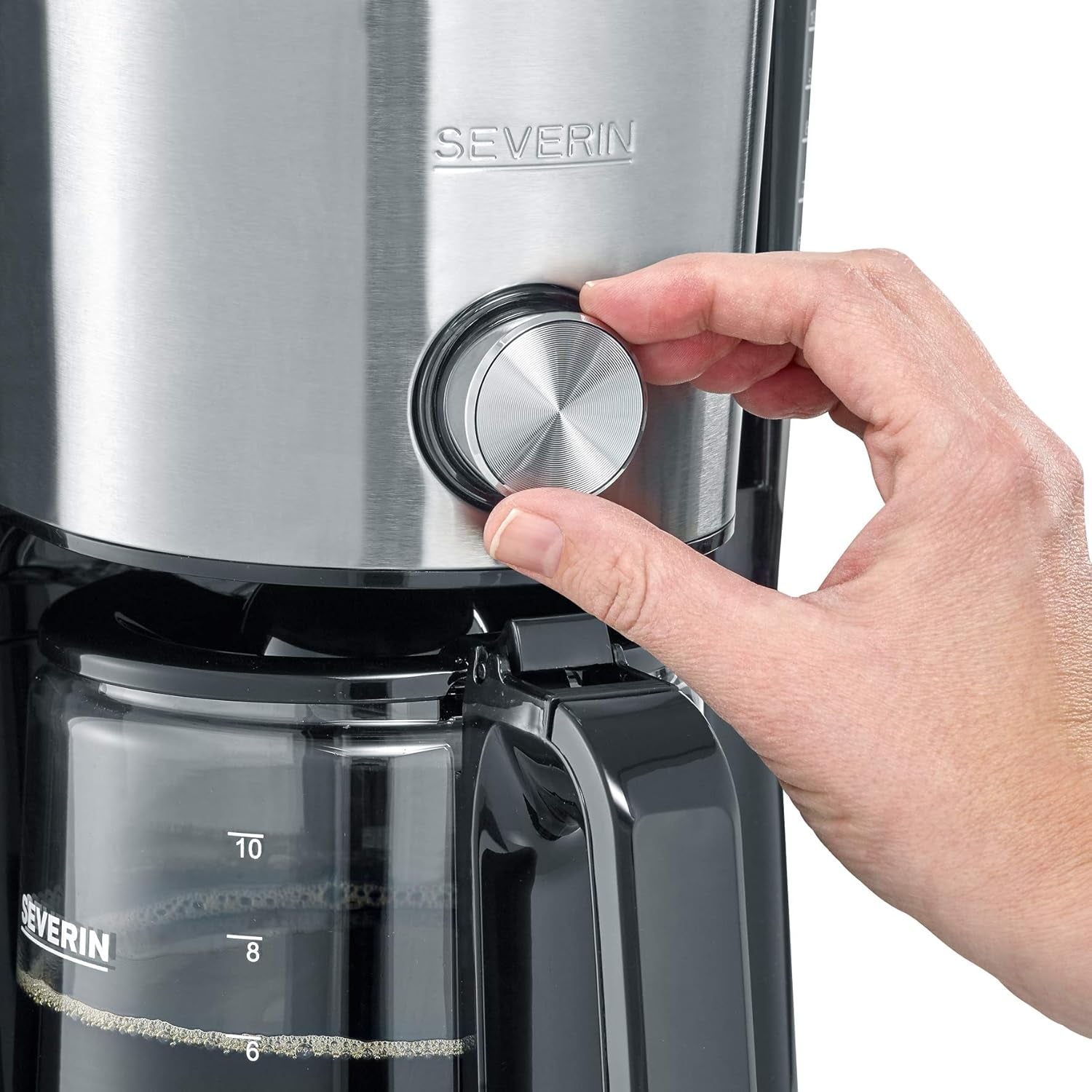 SEVERIN "TypeSwitch" espressomachine met glazen karaf en timer, AromaSwitch voor het kiezen van 2 zetopties, digitale klok met timerfunctie, voor maximaal 10 kopjes, 1000W, geborsteld roestvrij staal-zwart, KA 4826