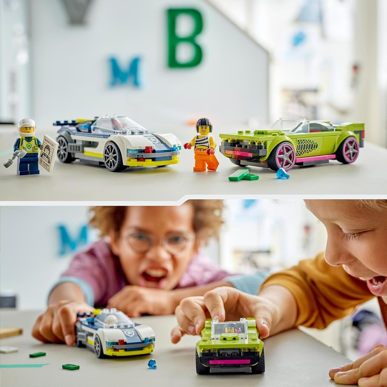 LEGO City Autoachtervolging met politieauto en muscle car, speelgoedtrein met 2 raceauto's, politiecadeau voor kinderen, jongens en meisjes vanaf 6 jaar, set met politieagent en minifiguren Ganovin 60415 Bouwsets Besuche den LEGO-Store