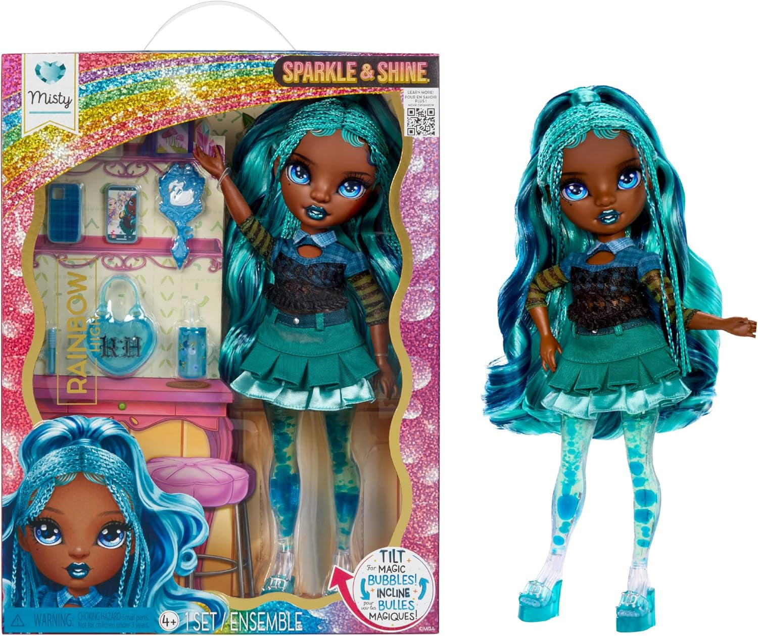 Regenboog Pop met Hoge Sparkle & Shine - Misty - Modieuze pop van 28 cm met turkoois haar en magische bubbels Staande Kleurrijke aankleed- en speelcollectie voor 4-12 jaar