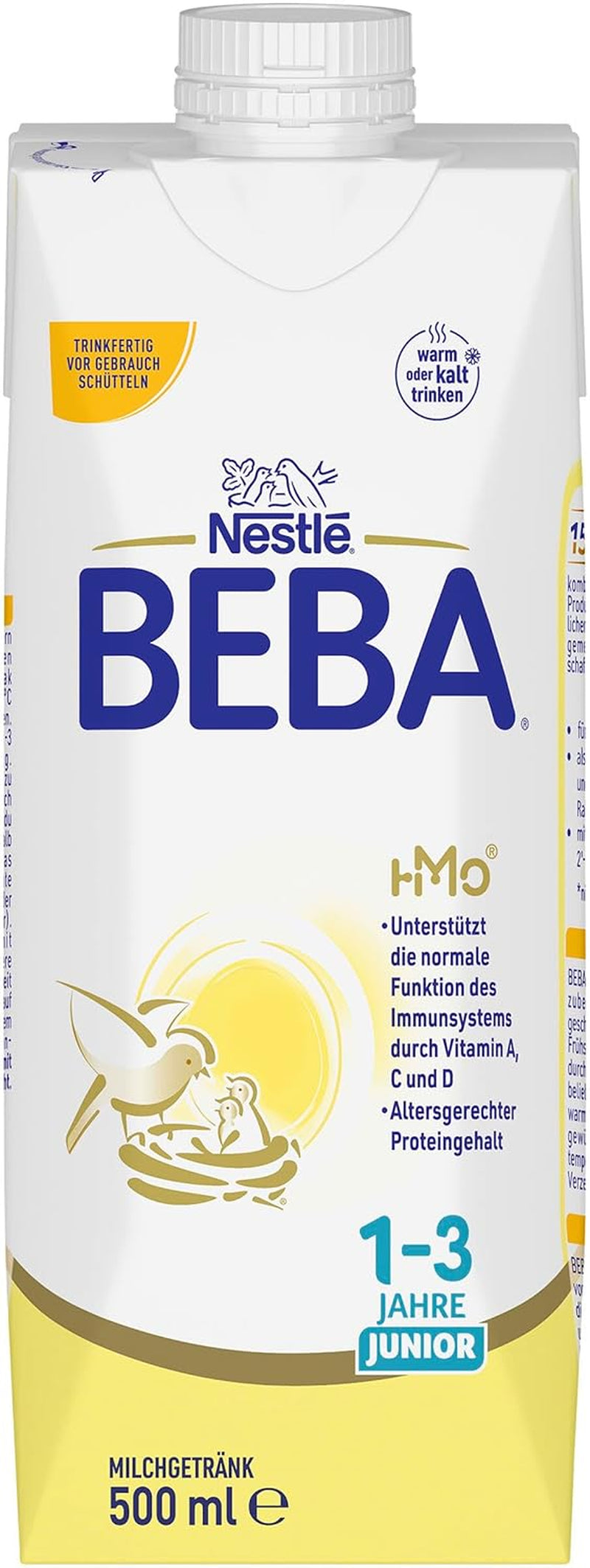 BEBA Junior kant-en-klare melkdrank 1-3 jaar, met HMO, bij de leeftijd passend eiwitgehalte, palmolievrij, visolievrij, peutervoeding, 12 stuks (12 x 500 ml)