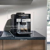 Siemens EQ.6 plus s300 automatische espressomachine TE653501DE, voor vele koffiespecialiteiten, melkopschuimer, keramische molen, dubbele koffiefunctie, antikalk, automatische stoomreiniging, 1500 W, zilver