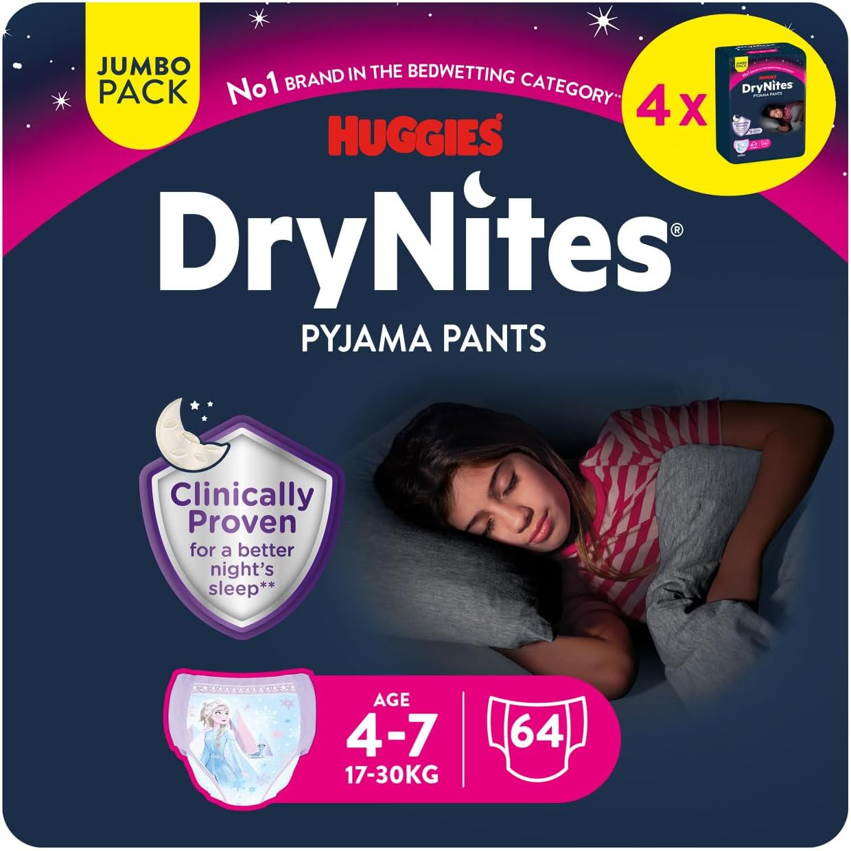 Huggies DryNites superabsorberende nachtluiers voor meisjes 4-7 jaar, 4 x 16 pantyluiers (64 stuks), maandpakket