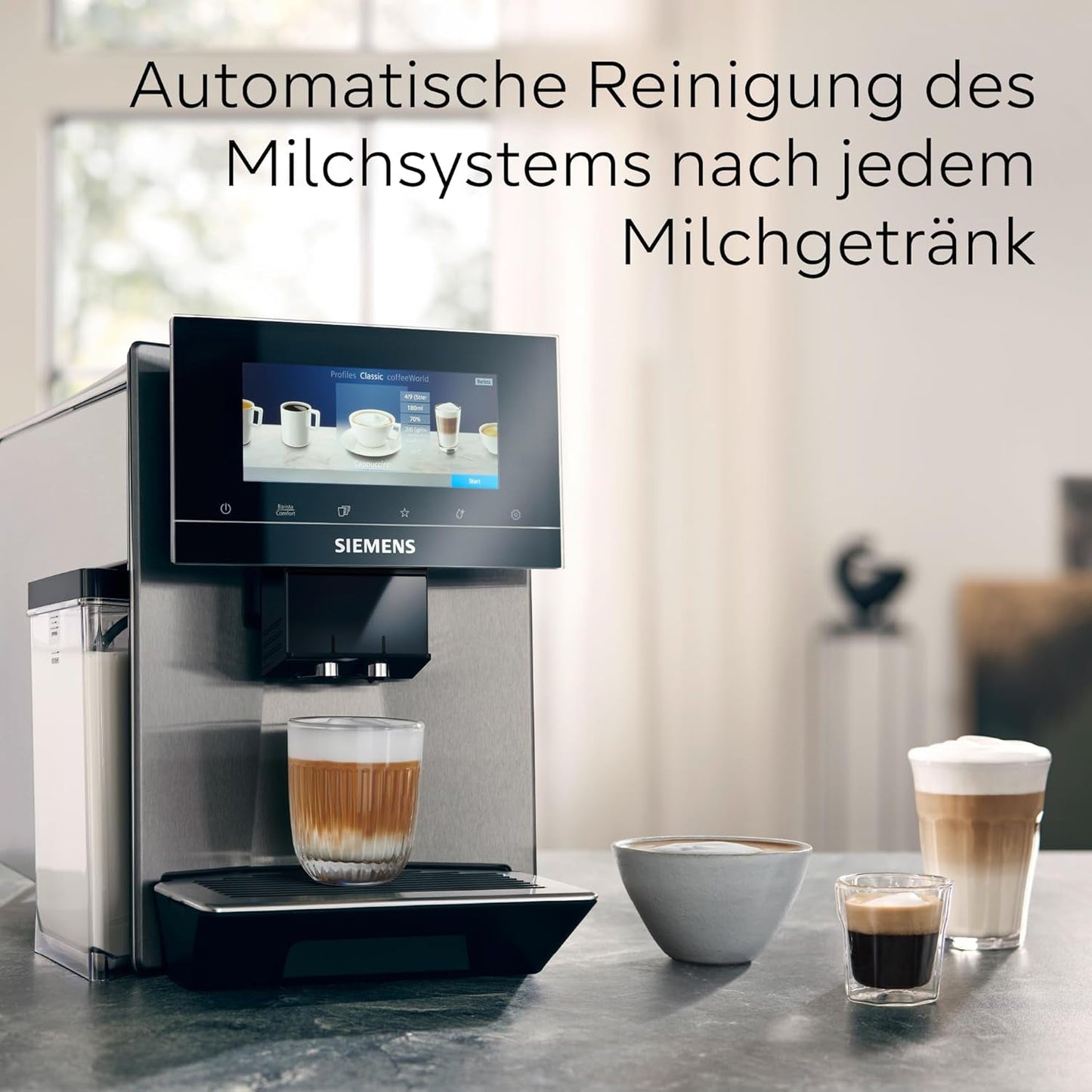 Siemens EQ900 TQ903D03 Automatische espressomachine, app-bediening, intuïtief touchscreen, barista-modus, AromaBoost, ruisonderdrukking, premium molen, automatische stoomreiniging, 1500 W, roestvrij staal