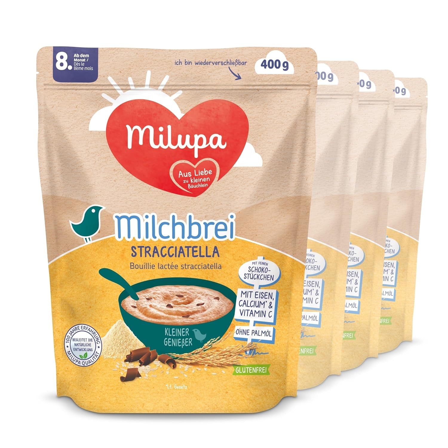 Milupa Stracciatella Melkpap - Glutenvrije, palmolievrije babygranen - Vrij van bewaarmiddelen en kleurstoffen - Vanaf 8 maanden - 4 x 400 g