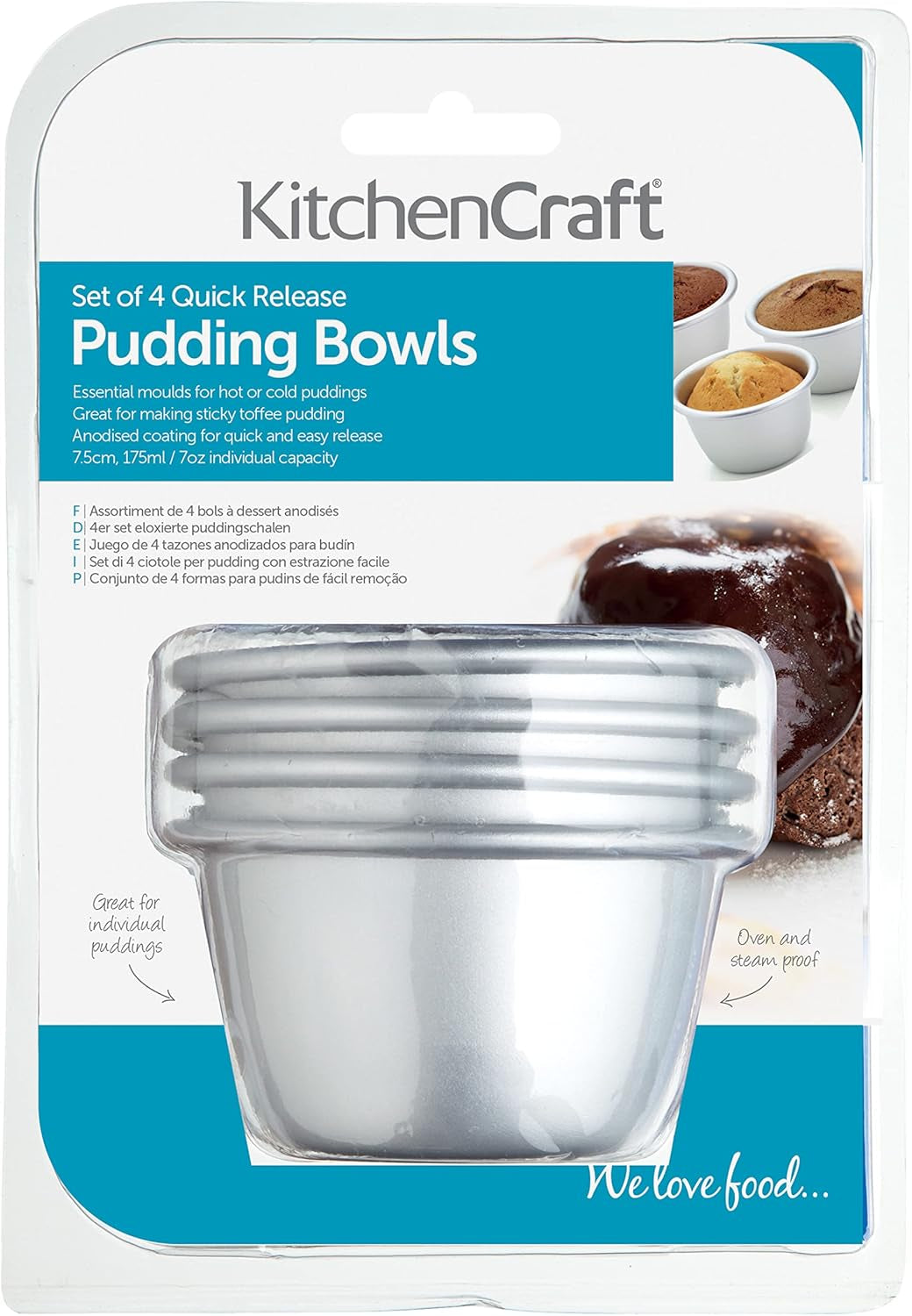 Kitchencraft Mini Puddingvormen Geanodiseerd Aluminium 7,5 cm Set van 4 Zilveren Bakvormen & Dienbladen Naty Shop