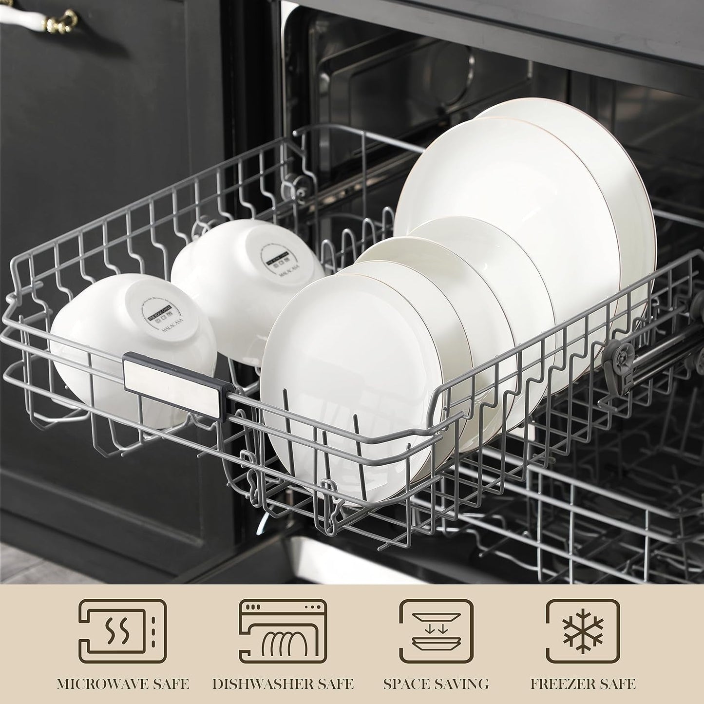 MALACASA 4-persoons serviesset Bone China 16-delige serviesset rond wit met gouden rand Combinatieset van 4 dinerborden, 4 dessertborden, 4 Suma-borden en 4 ontbijtgranenschalen NORI-serie
