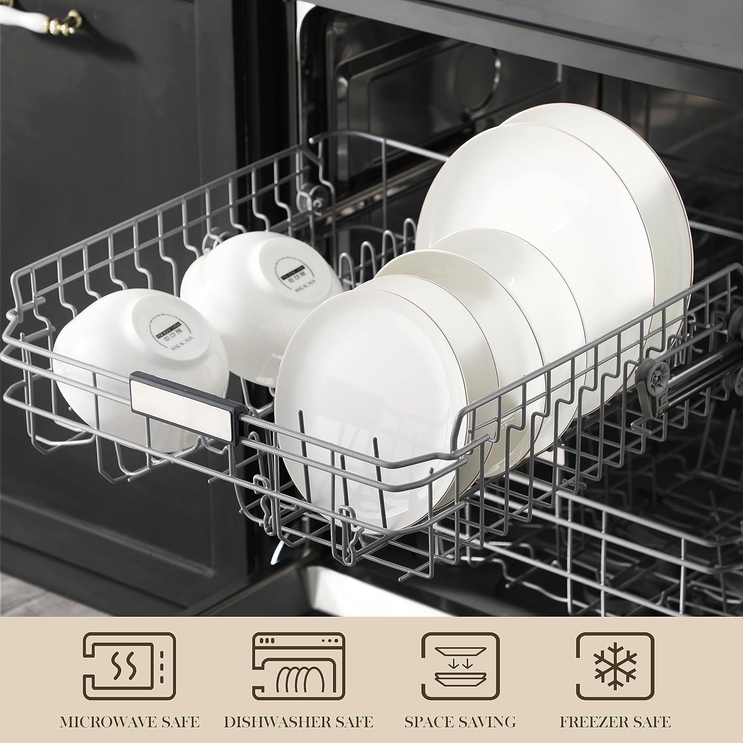 MALACASA 4-persoons serviesset Bone China 16-delige serviesset rond wit met gouden rand Combinatieset van 4 dinerborden, 4 dessertborden, 4 Suma-borden en 4 ontbijtgranenschalen NORI-serie