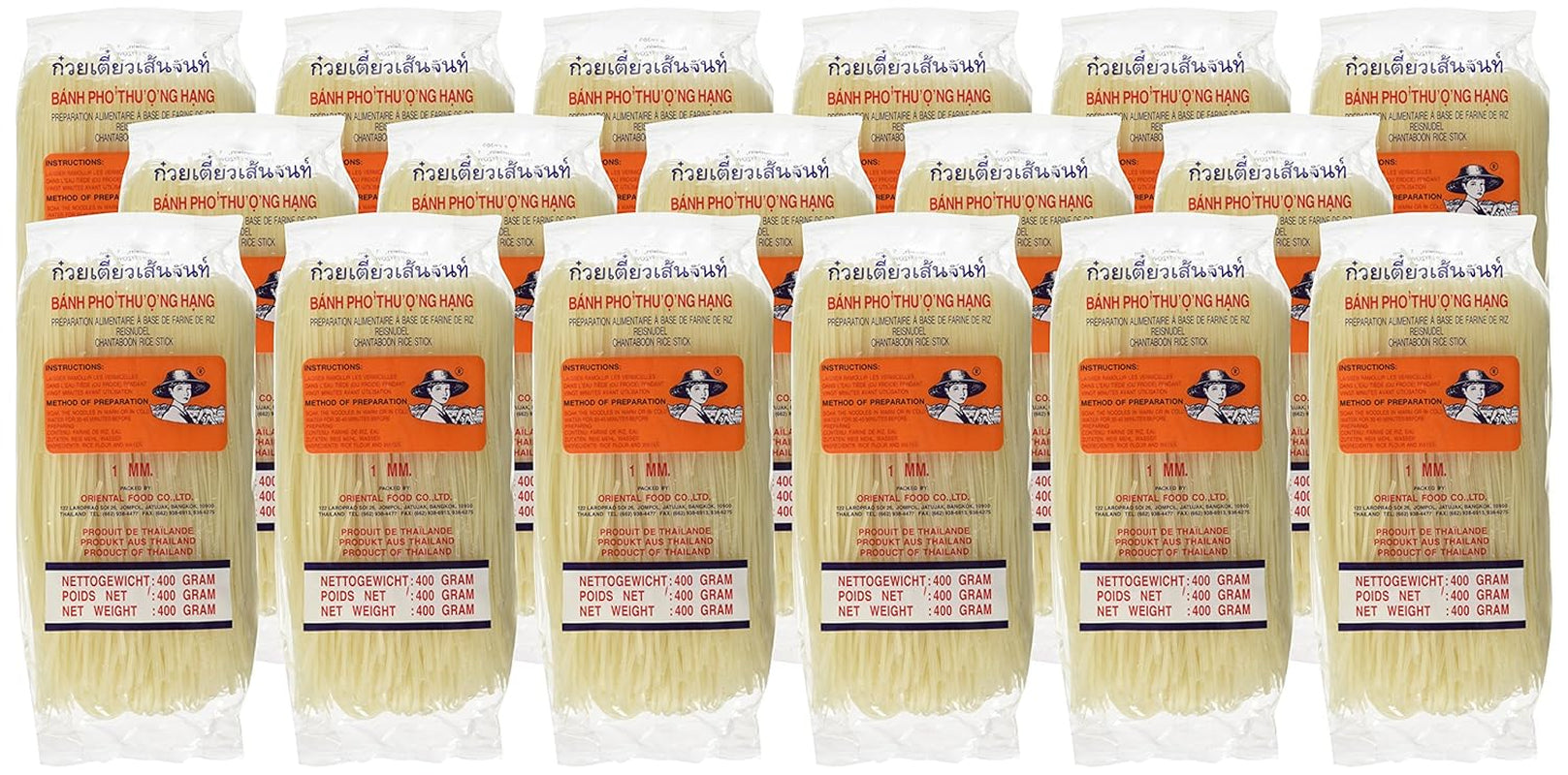 Rijstnoedels - Thaise, 1 mm brede rijstlintnoedels, gemaakt van rijstmeel - 17 x 400 g