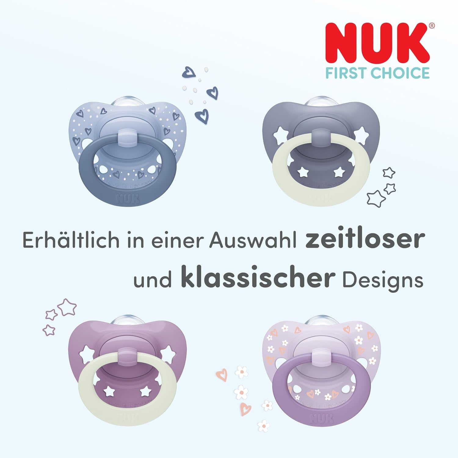 NUK First Choice klassieke dag- en nachtfopspenen voor baby's | 6-18 maanden | Orthodontische fopspenen die oplichten in het donker | 95% acceptatie door baby's** | Blauw | Pak van 2