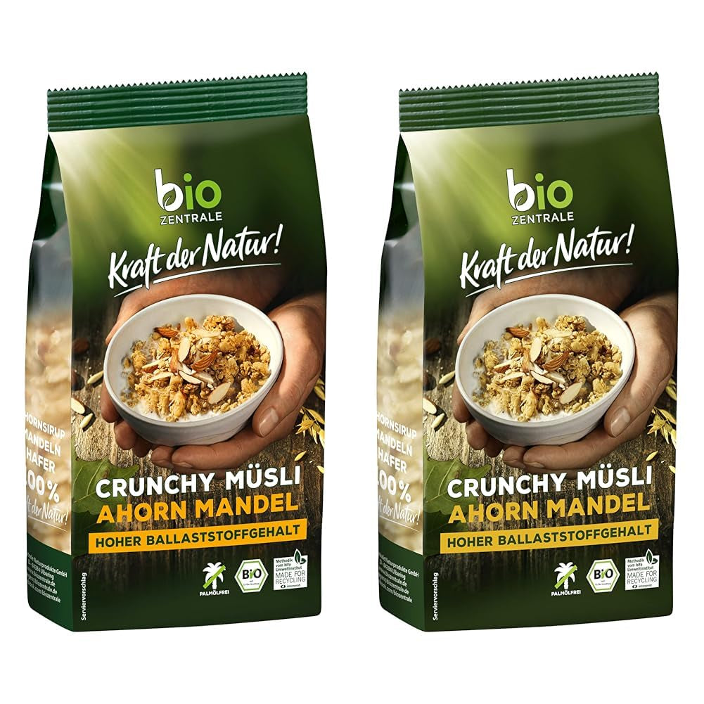 Krokante Maple Amandel Muesli | 375 g Biologische Krokante Muesli | Ideaal voor ontbijt en een bakje meeneemmuesli | Veganistisch en palmolievrij (pak van 2)