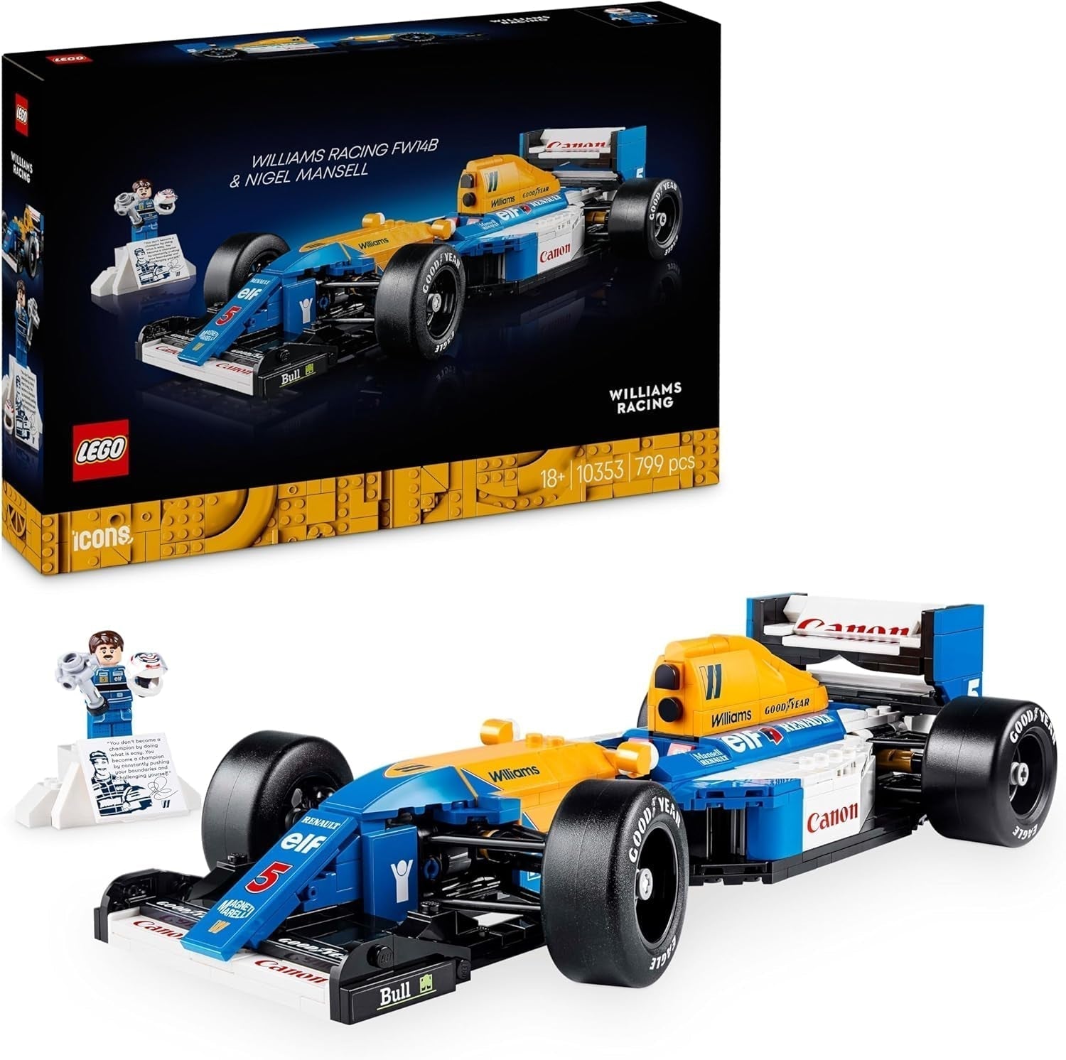 LEGO Icons Williams Racing FW14B met Nigel Mansell - F1-modelautoset met minifiguren van coureur om te verzamelen - Bureaudecoratie met standaard - Cadeau voor volwassenen en tieners Motorsportfans 10353 Bouwsets Bekijk de LEGO-Store standaardtitel
