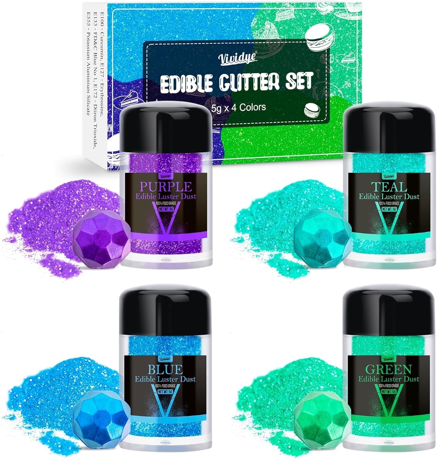 Eetbare glitterglitter - 4 kleuren eetbaar glitterpoeder, glitterpoeder voor drankjes, eten, gebak - eetbaar metallic kleurstofpoeder voor bakken, cocktails - 5G / fles