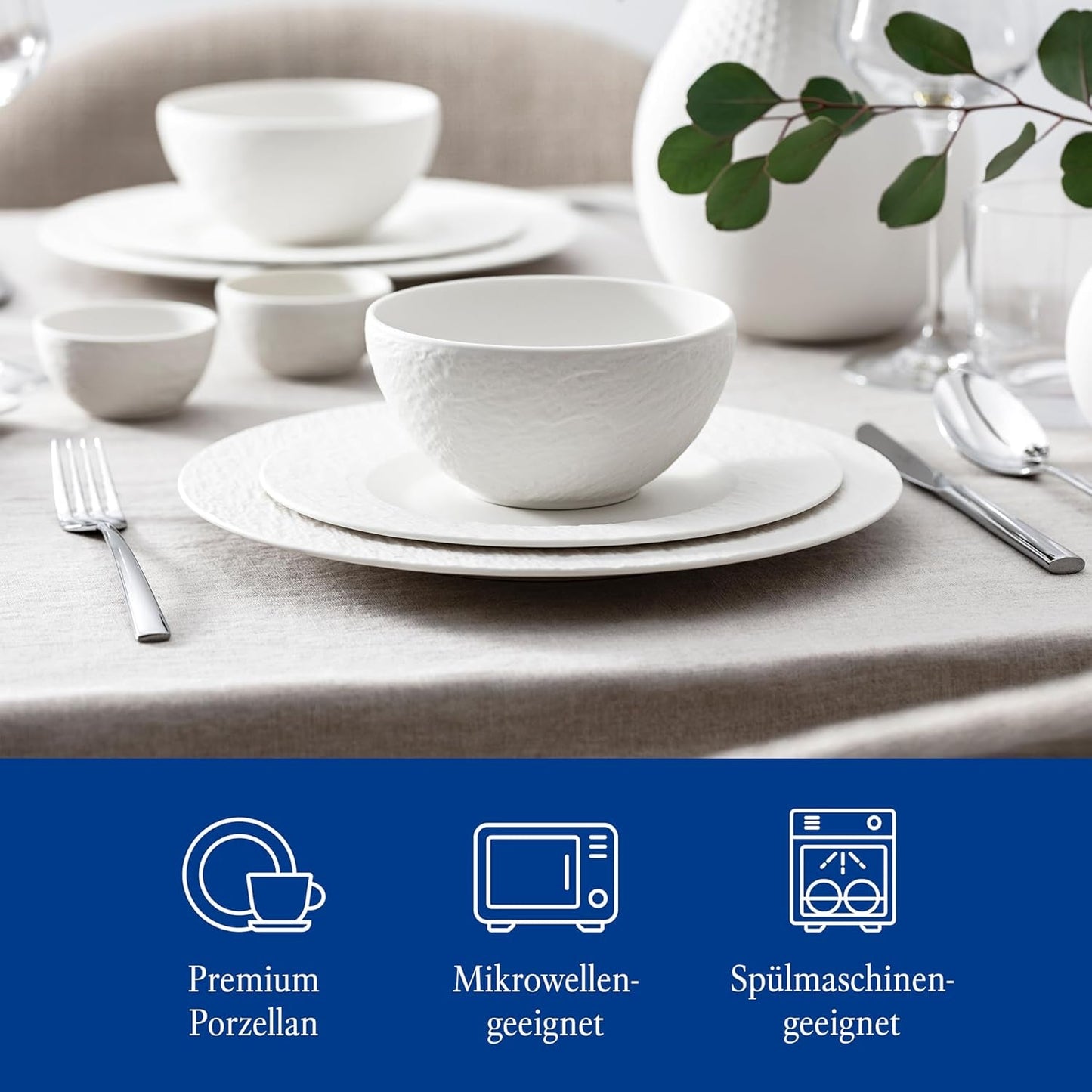 Villeroy & Boch - Manufacture Rock Blanc Geschirrset 6 teilig weiß, Spülmaschinenfest, Mikrowellensicher, Geschirr Modern, Starterset, Speiseteller, Pastateller, Müslischalen, Premium Porzellan
